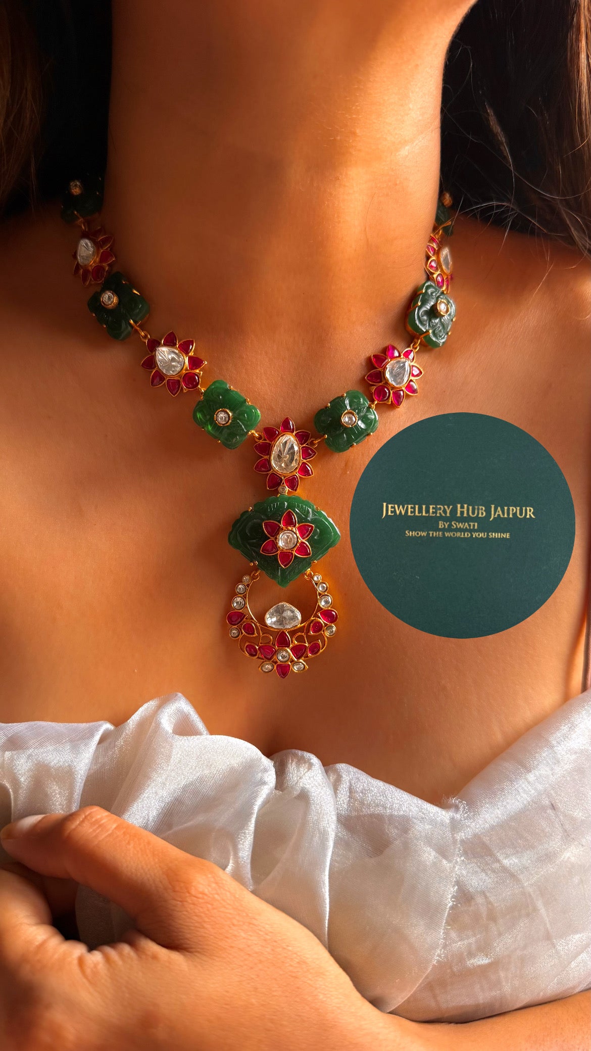 Amrapali inspired Natural stone Emerald with rani pink floral inlay collar set