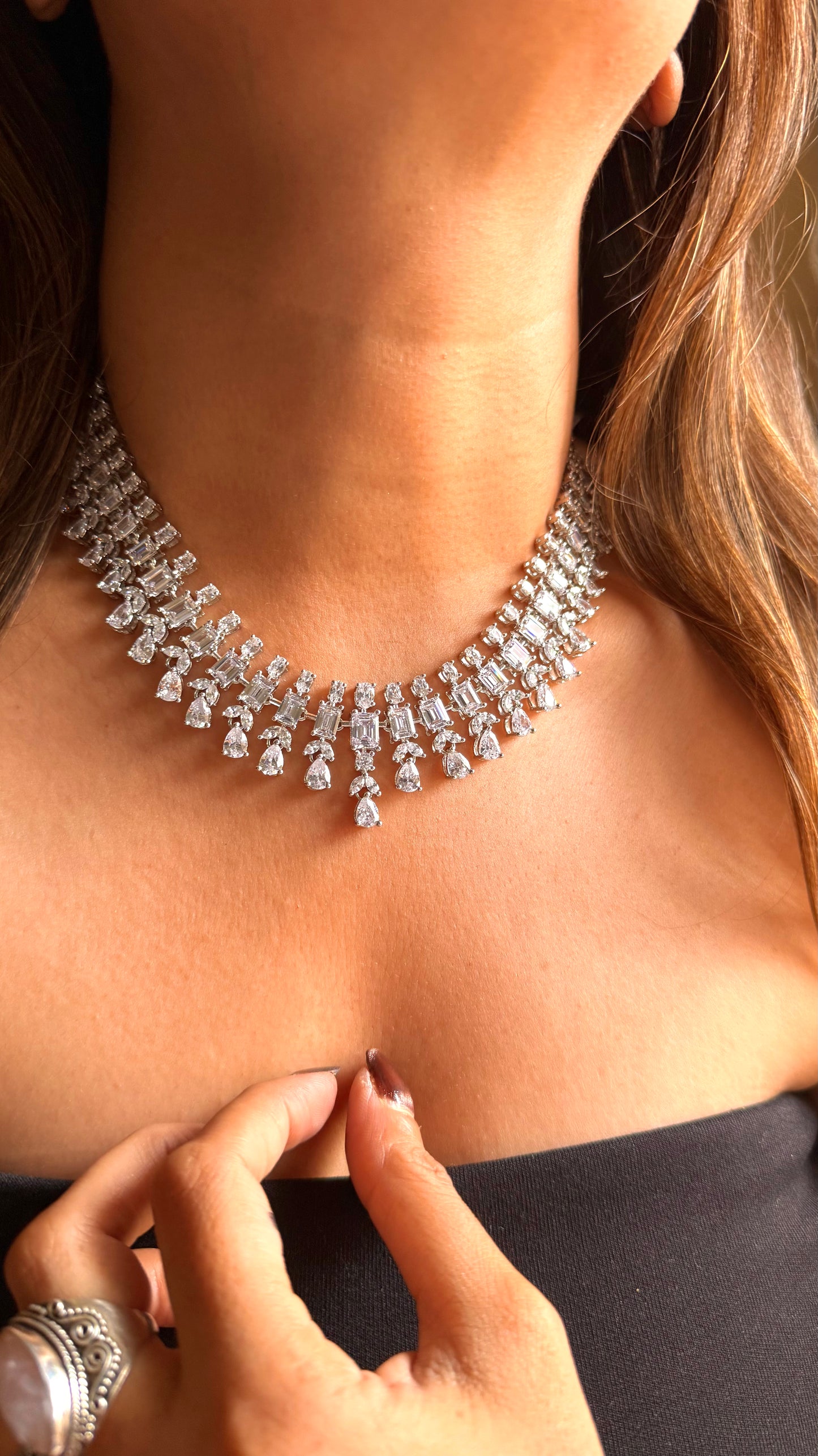 Block & drop shape cz diamond necklace