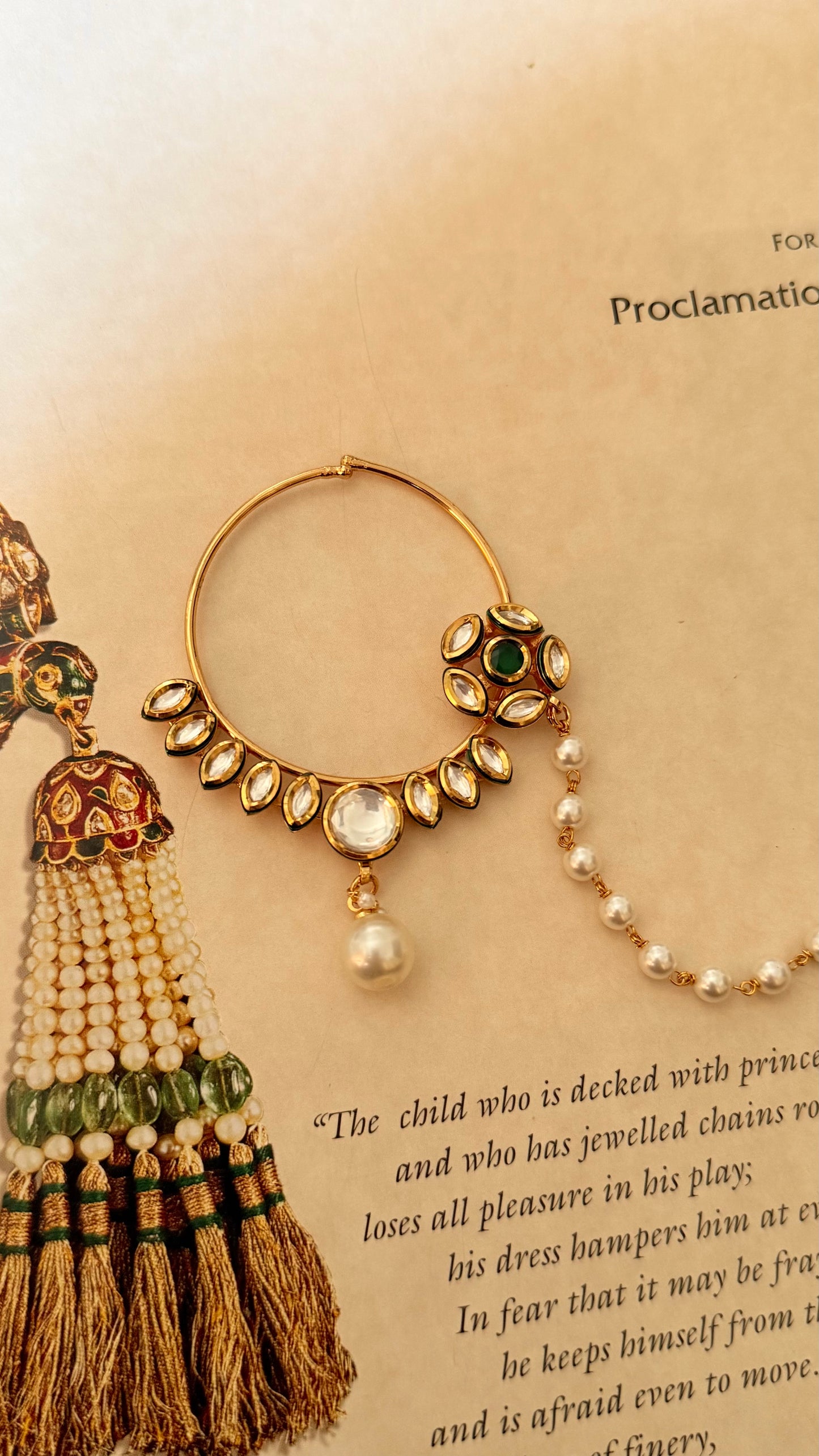 Emerald floral moissanite pearl drop nath