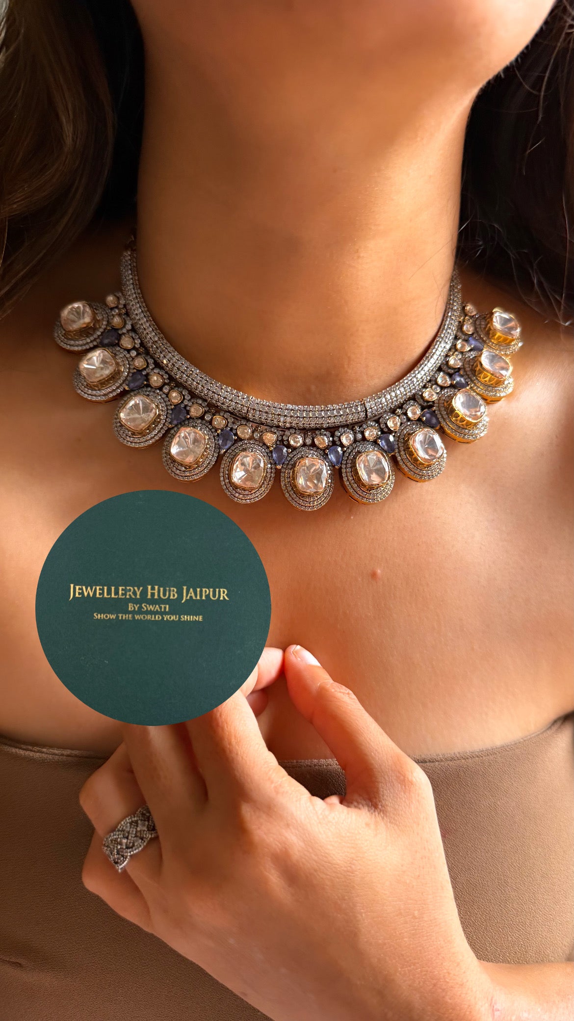 Real uncut moissanite polki & Sapphire stone collar set