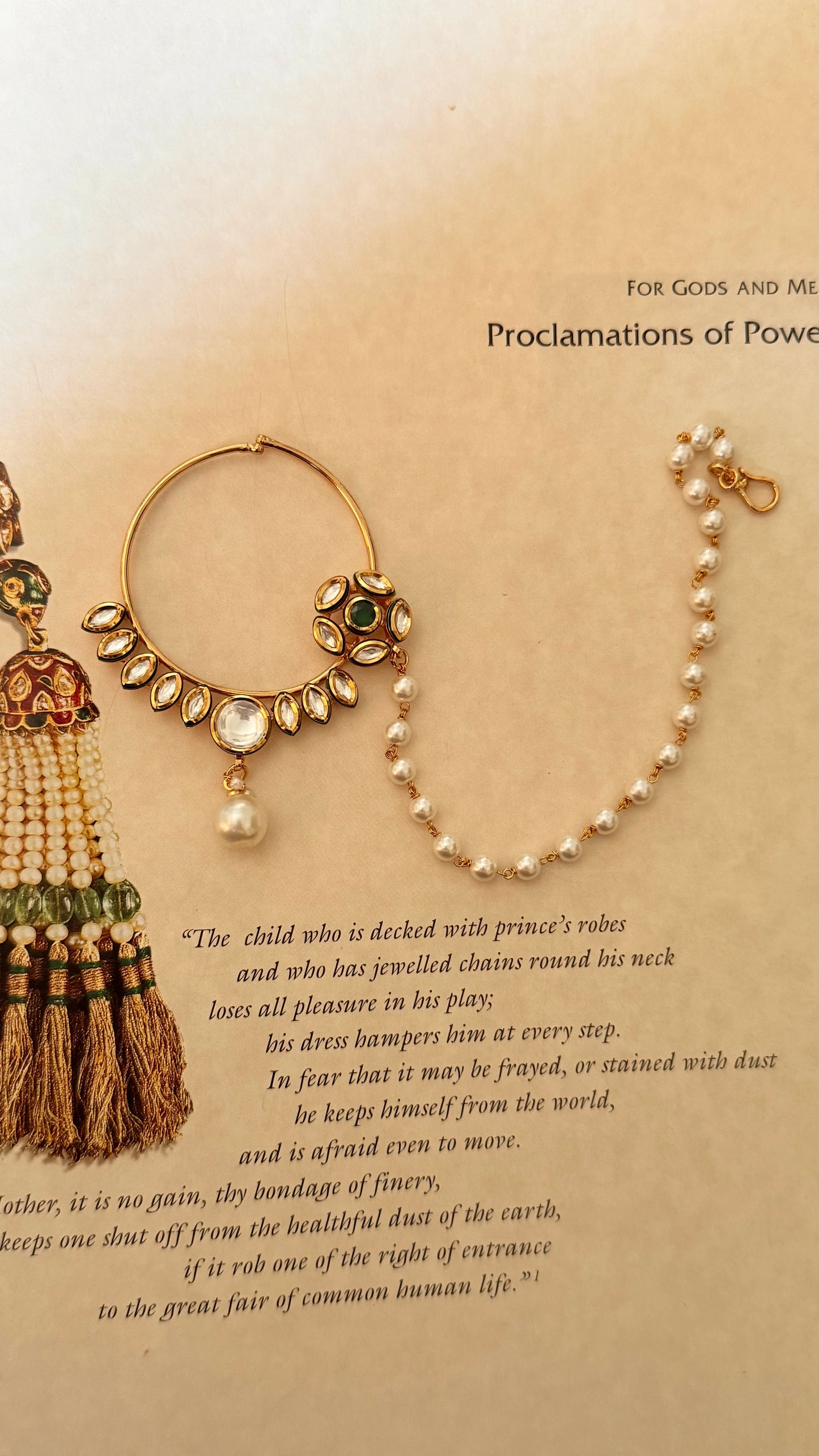 Emerald floral moissanite pearl drop nath