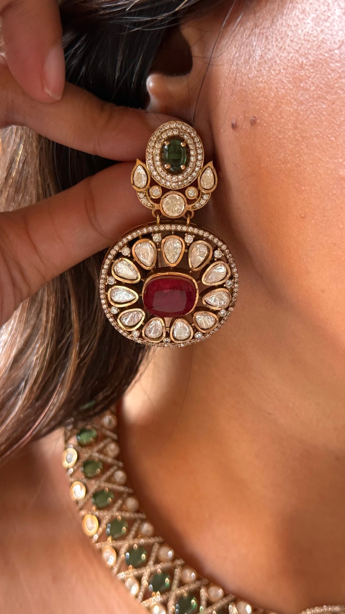 Emerald doublets with ruby moissanite Necklace