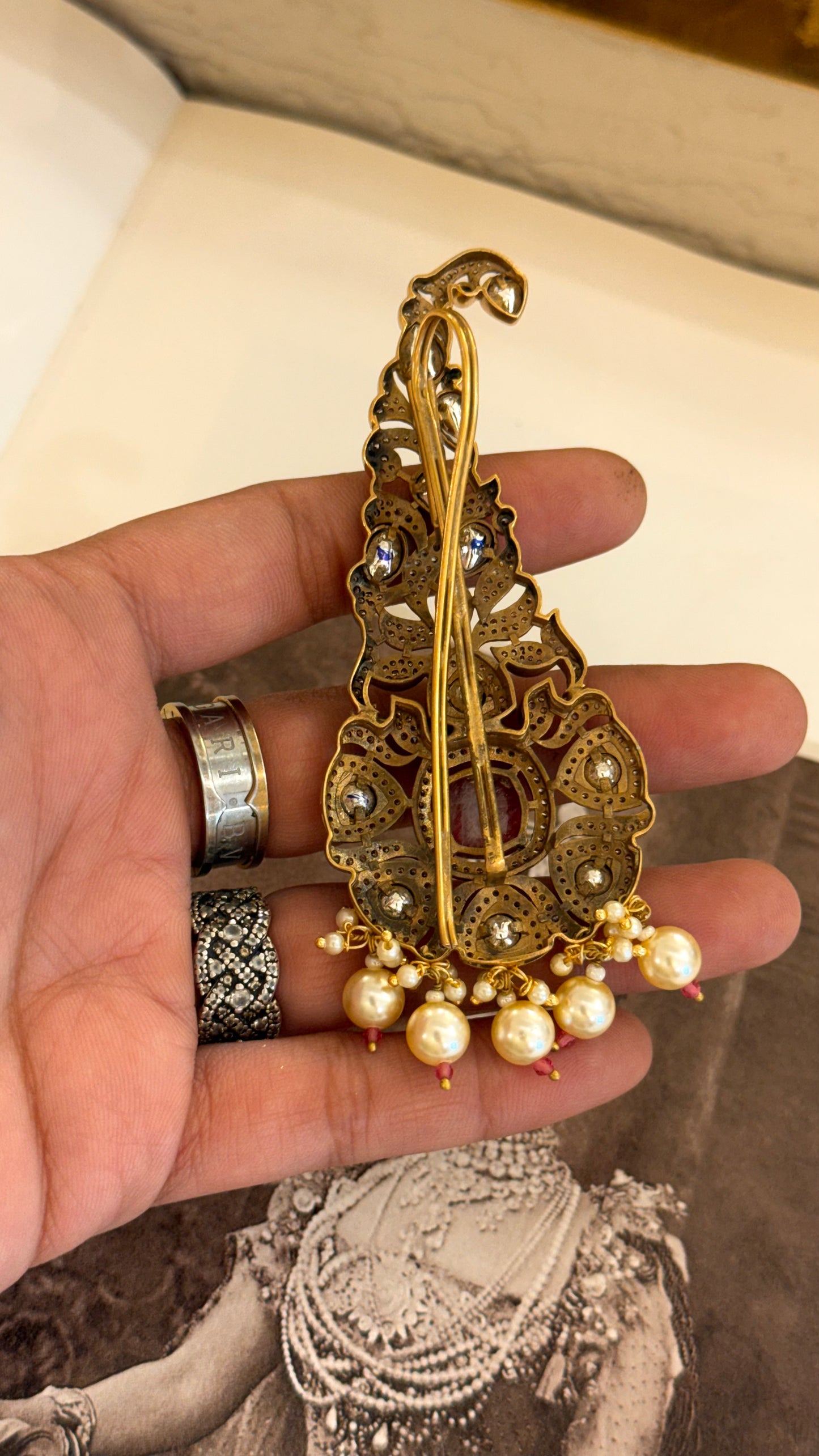 Heritage victorian polki kalgi with pearl detailing