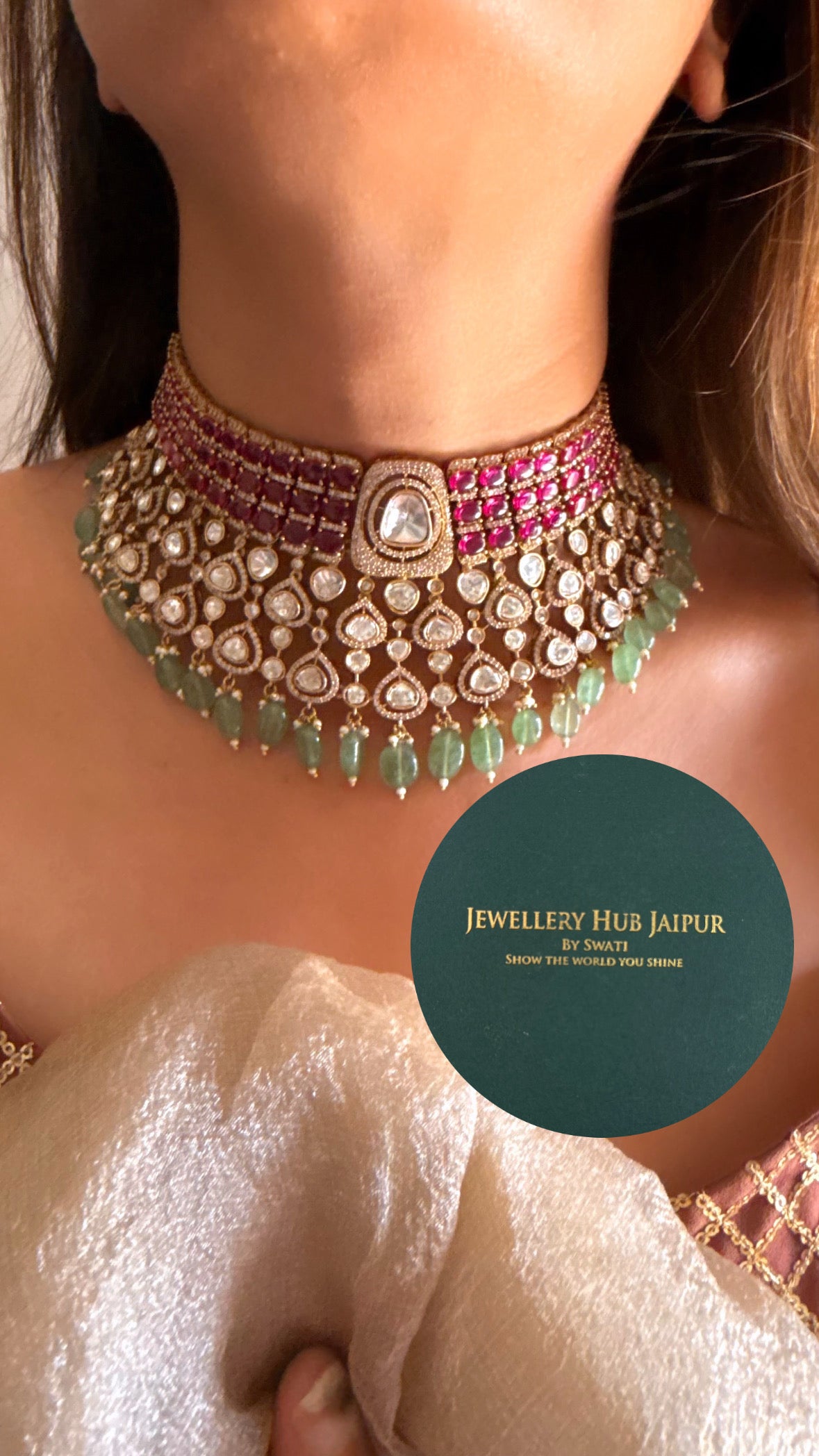 Anshika Rani pink moissanite polki & mint drops choker