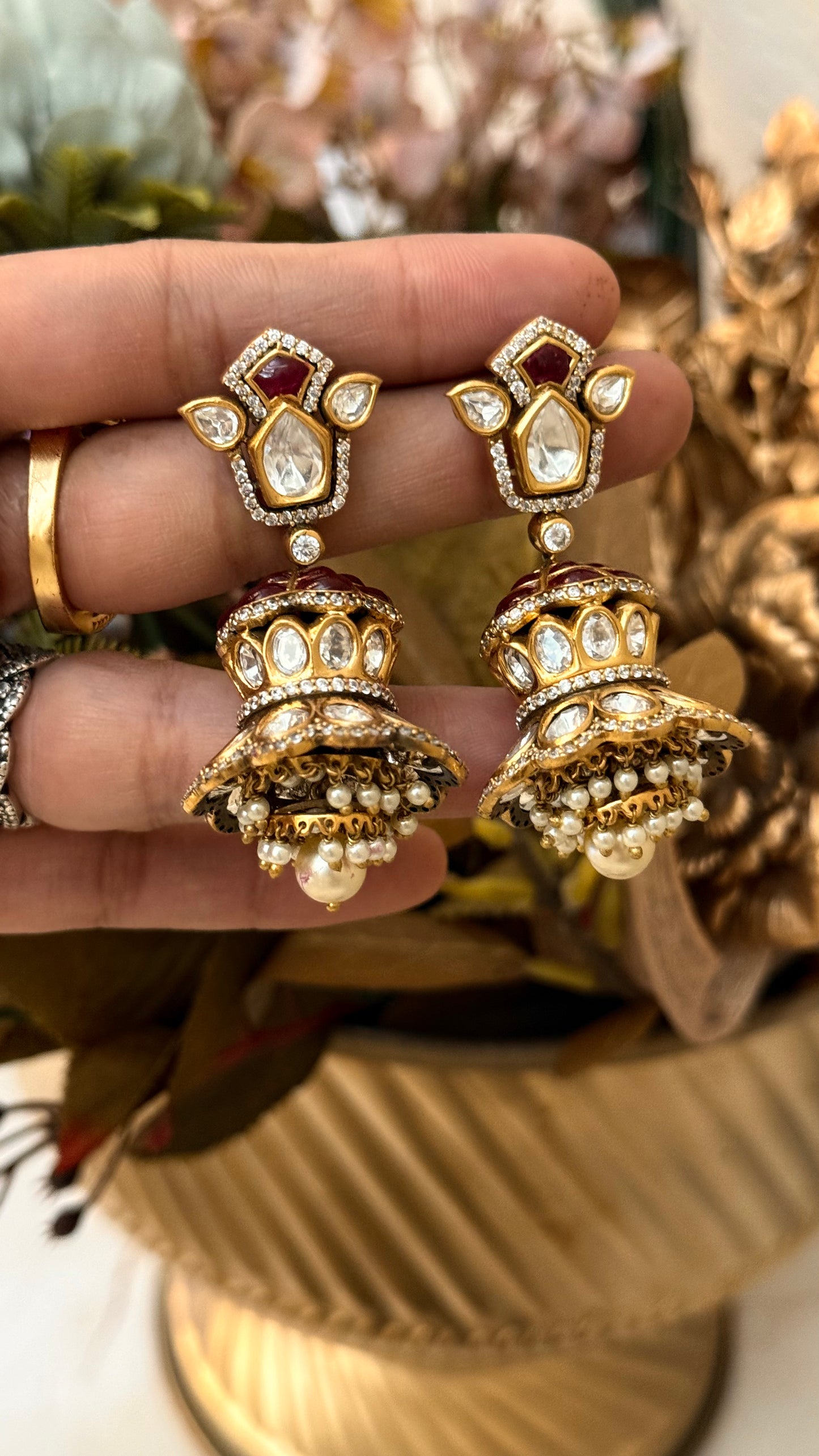 Ruby takkar work jhoomar style moissanite jhumki