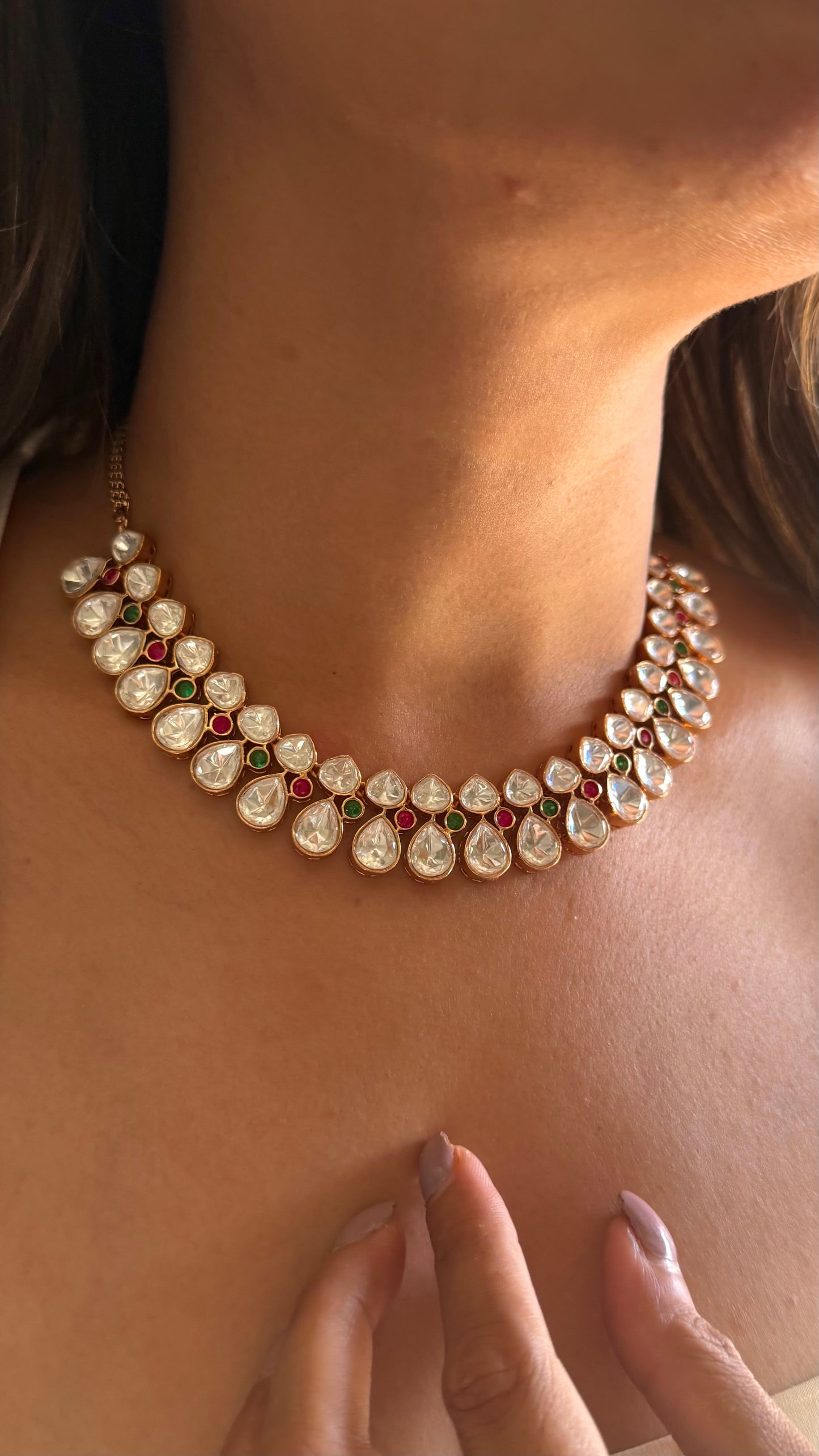 Ruh Moissanite heritage polki emerald ruby necklace with earrings
