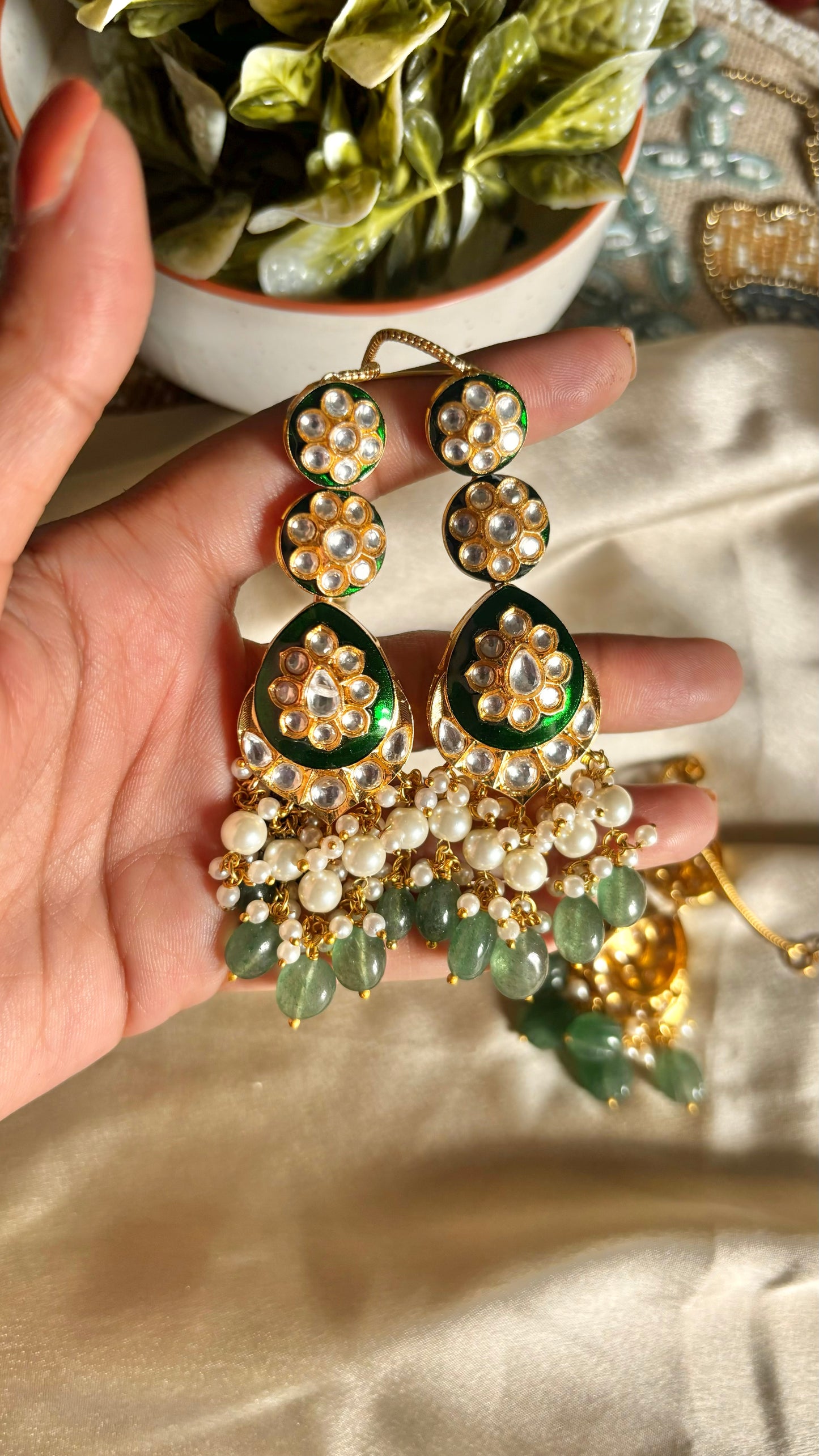 Emerald gold meenakari earrings