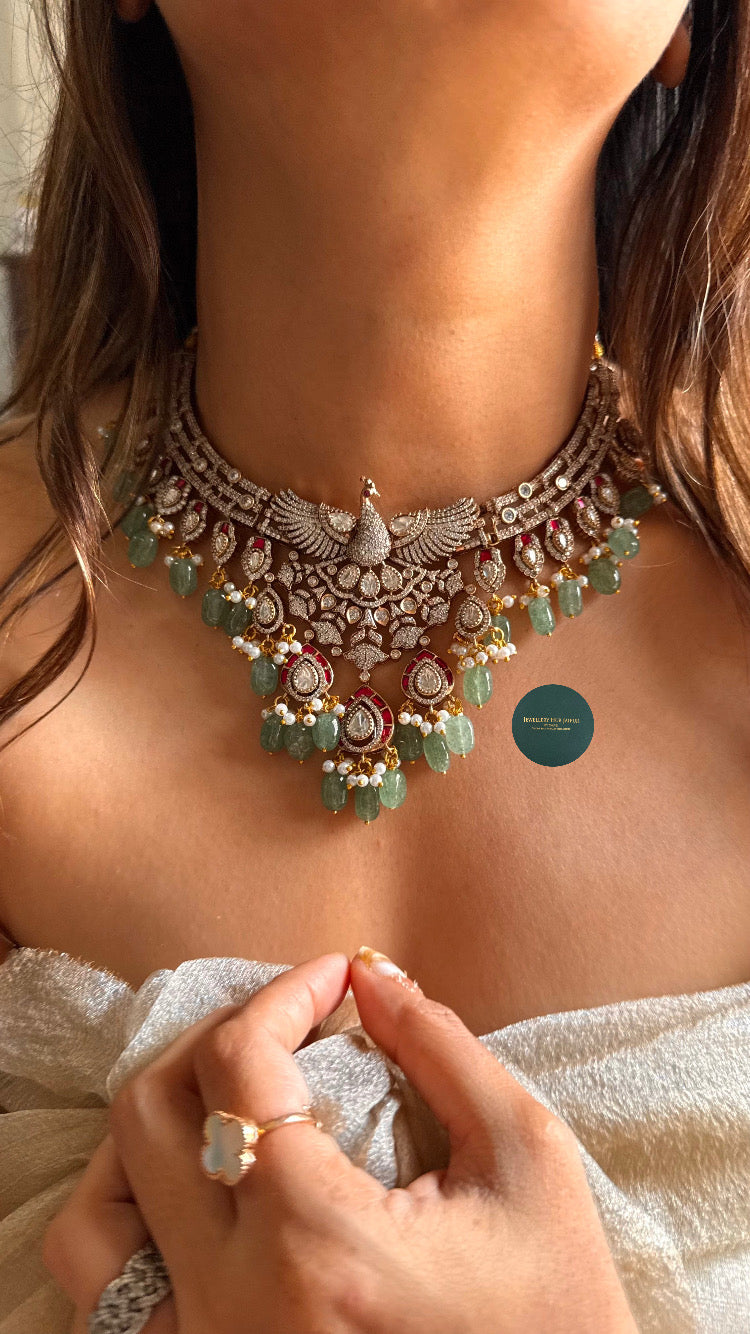 Peacock inspired mint & ruby collar necklace