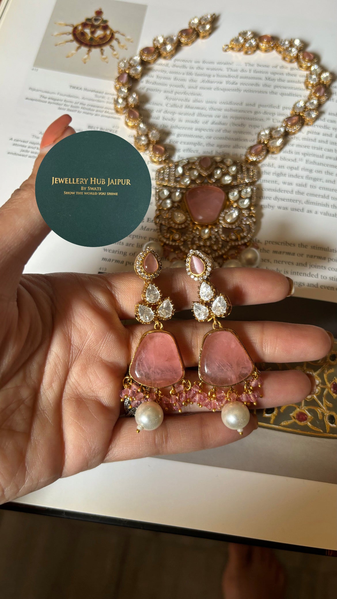 Neiza Rose quartz heritage moissanite collar necklace with earrings