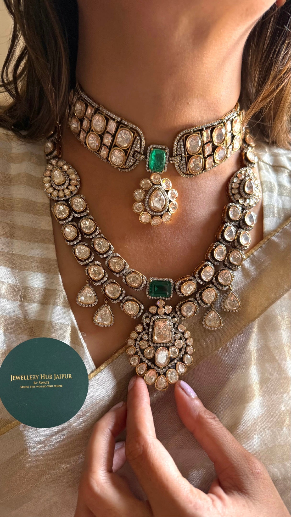Emerald & mint doublets peeli polki combo Necklace