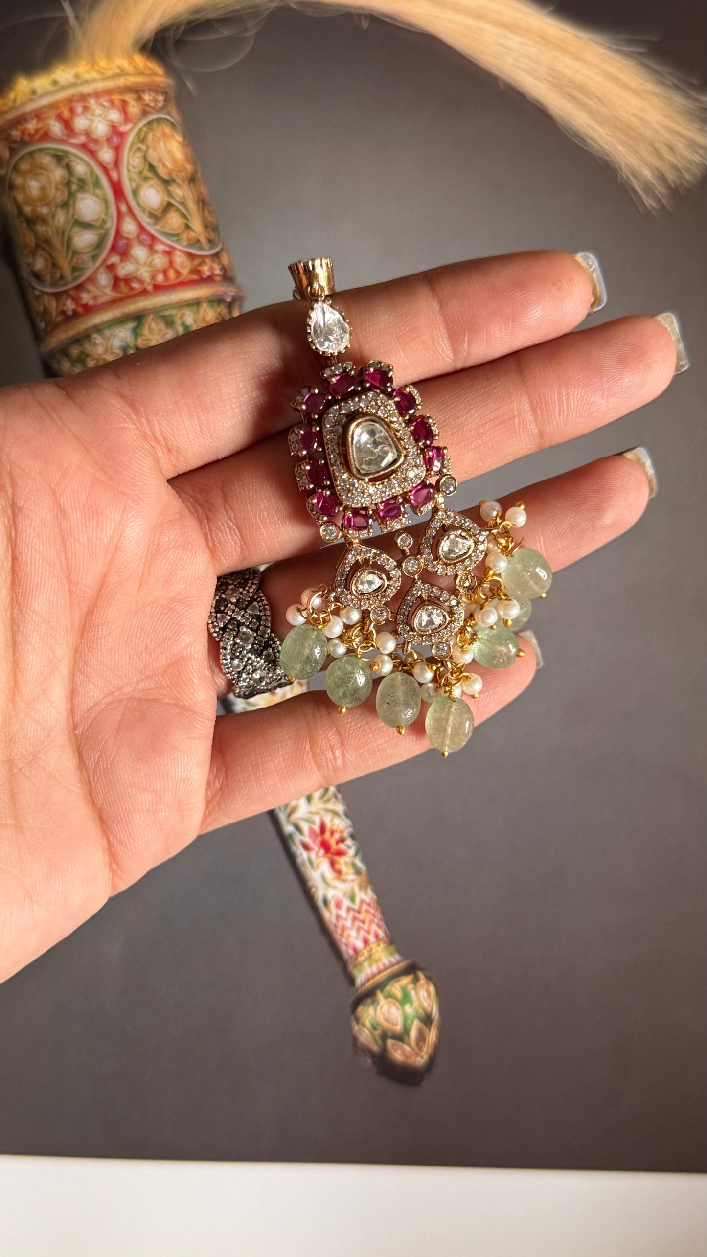 Rani pink & mint moissanite maangtika