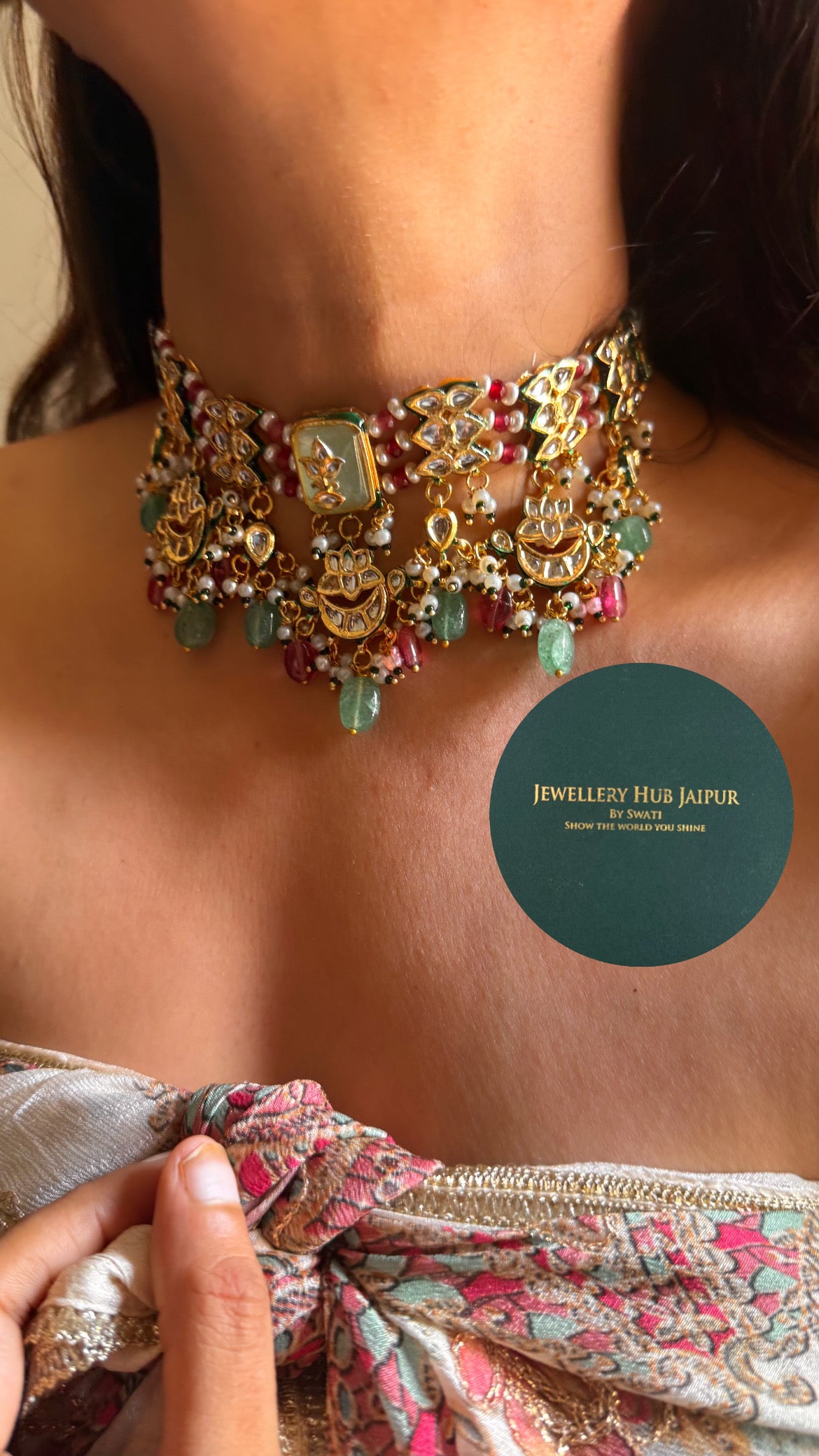 Mint inlay work with rani pjnk & emerald drops & emerald meenakari paachi choker set