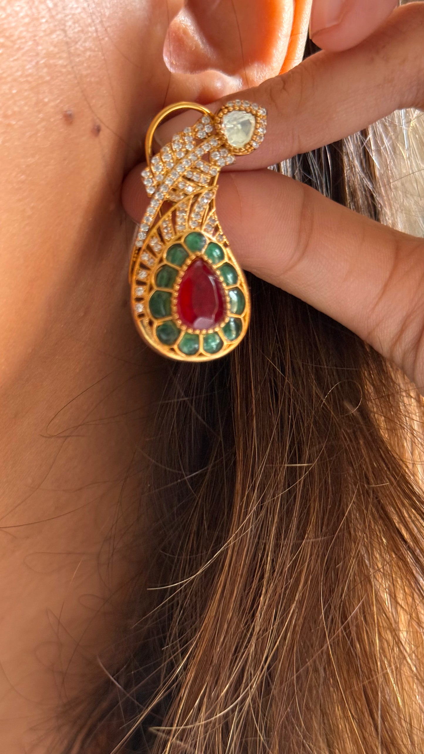 Ruby & Emerald inverted leaf danglers with back clip
