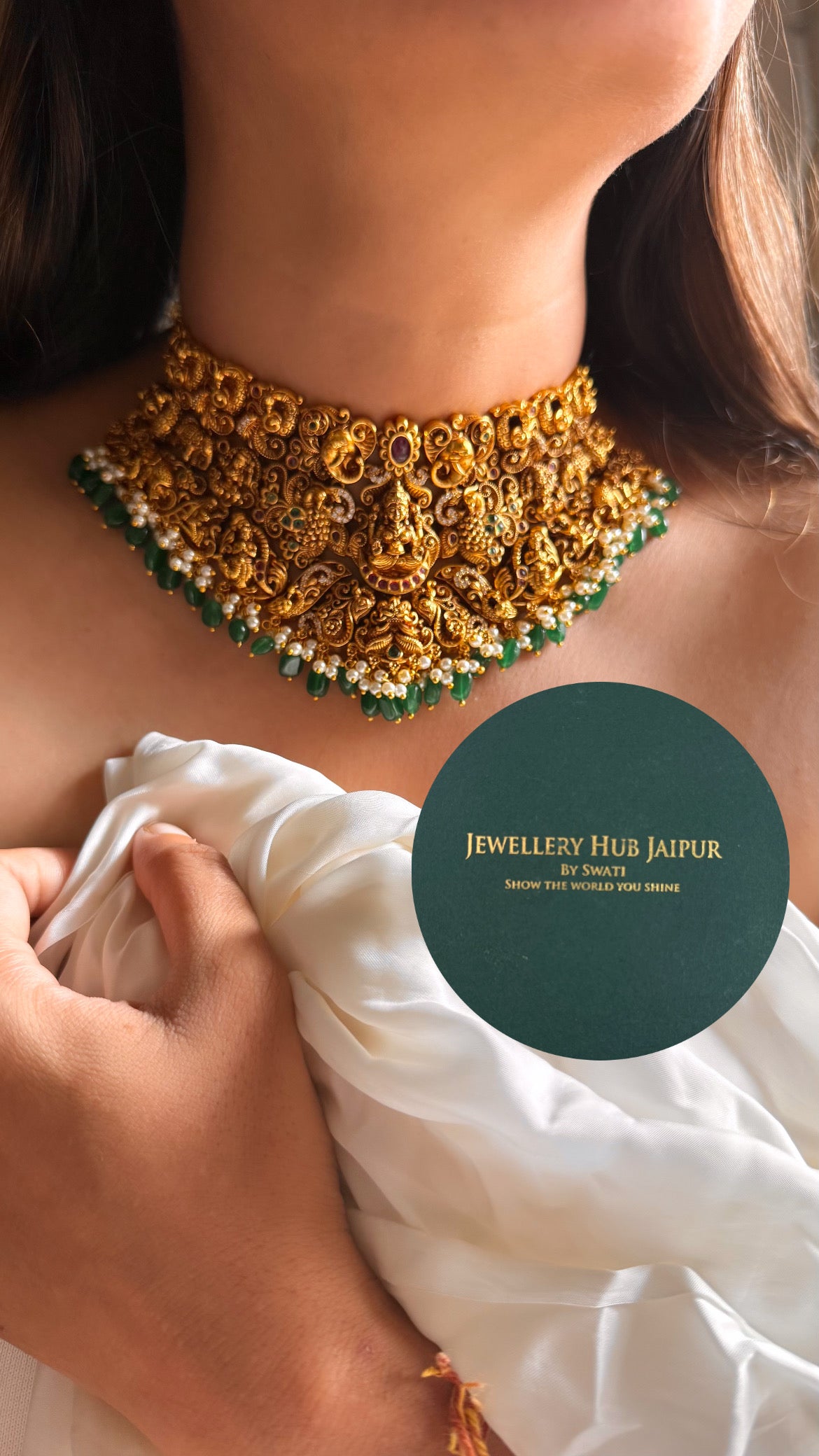 Goddess laxmi & peacock design with emerald & pearl drop temple choker set