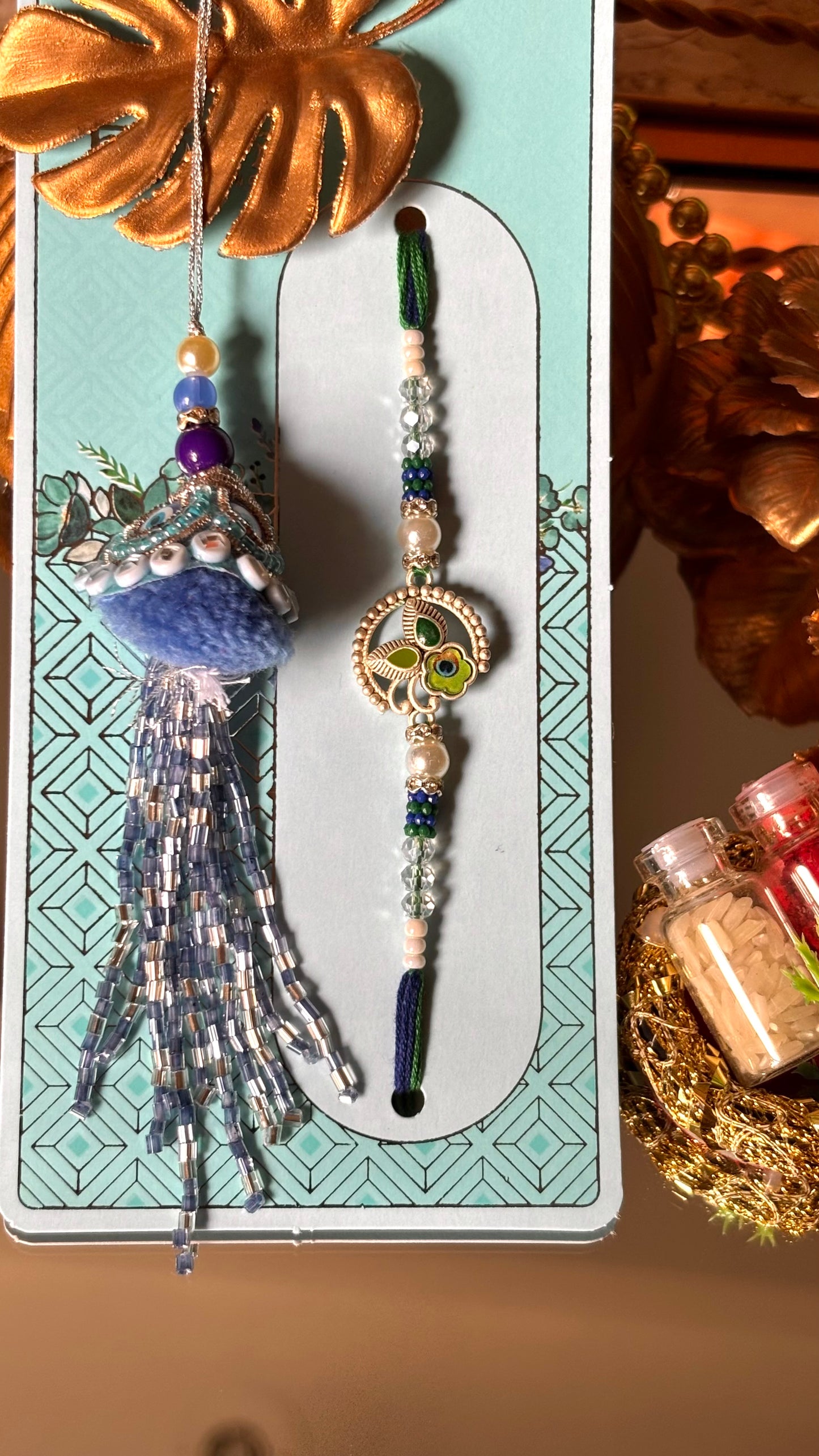 Evil eye lumba with morpankh couple rakhi Rakhi ( shipping will be extra )