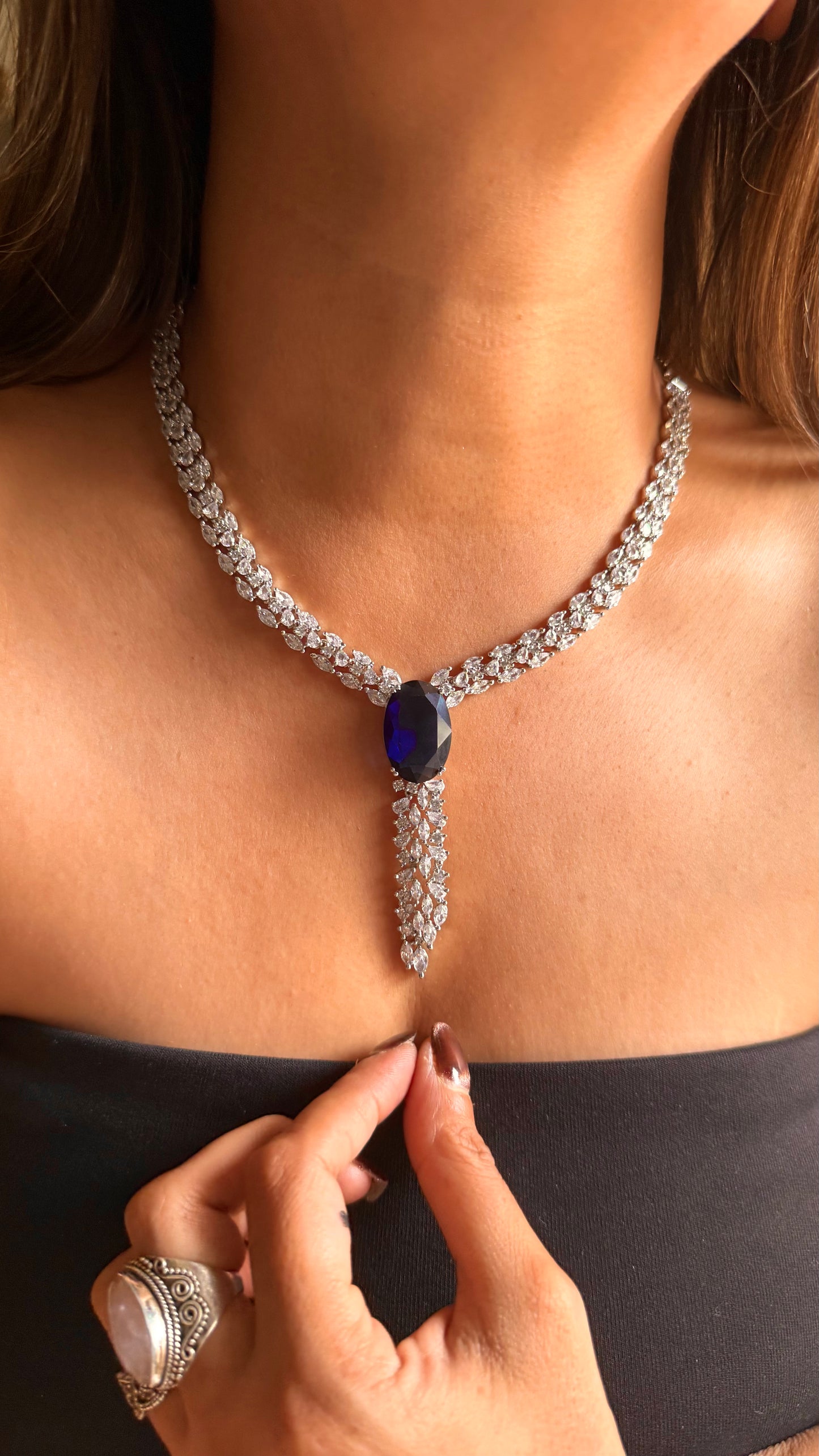Sapphire double cz diamond necklace