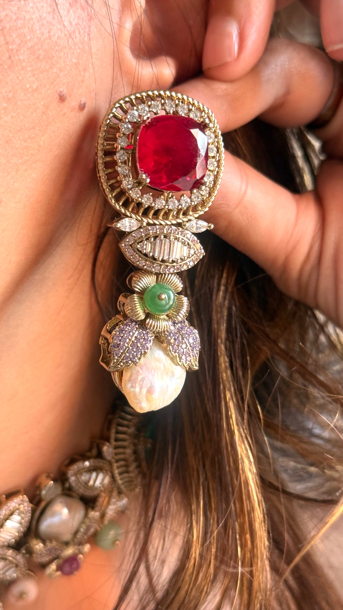 Ruby & Emerald Sabya inspired necklace with Mother of pearl detailing