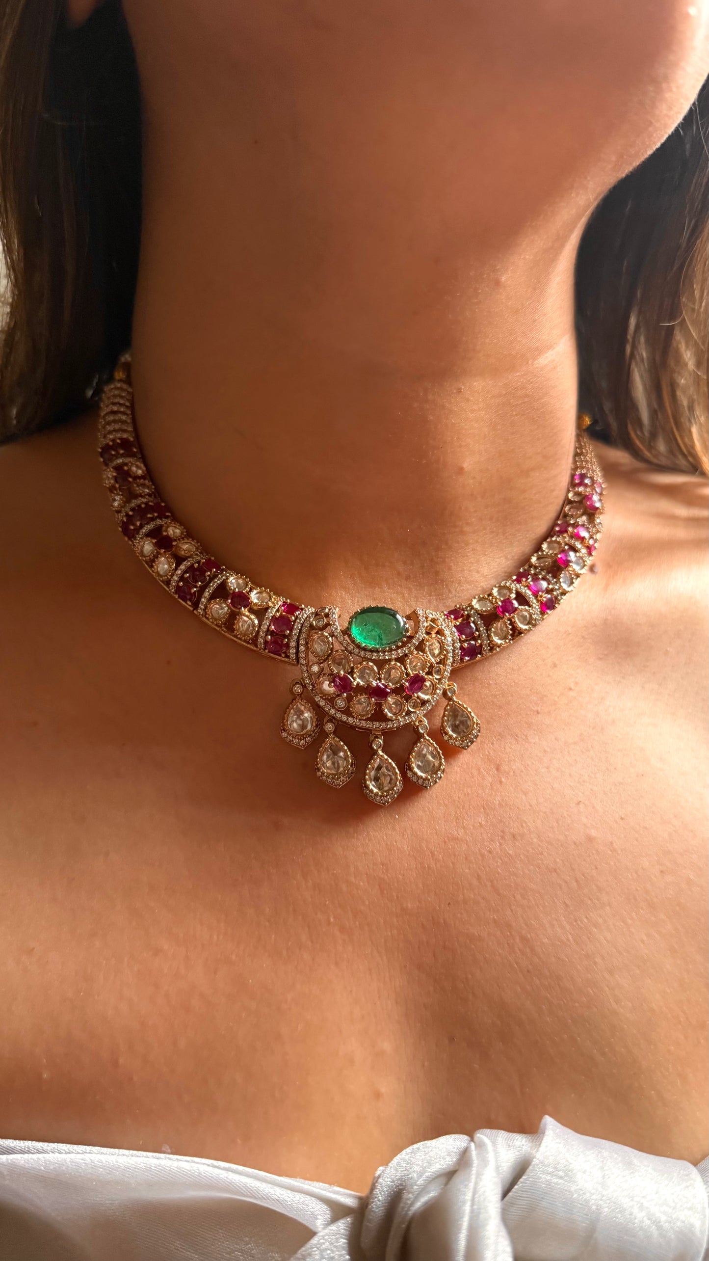Emerald doublet & rani pink moissanite collar set