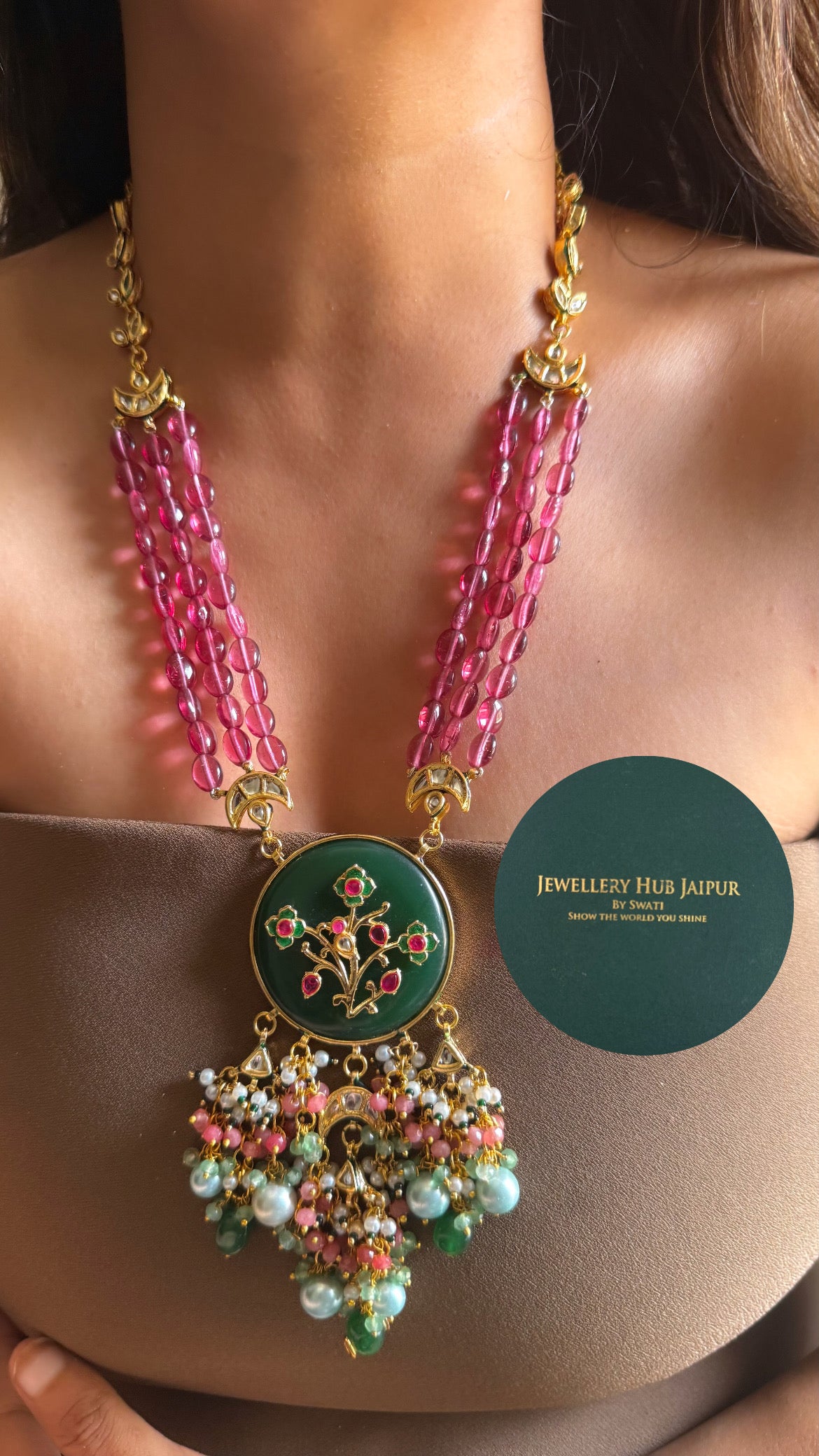 Emerald inlay work with rani pink & mint drops paachi mid length set