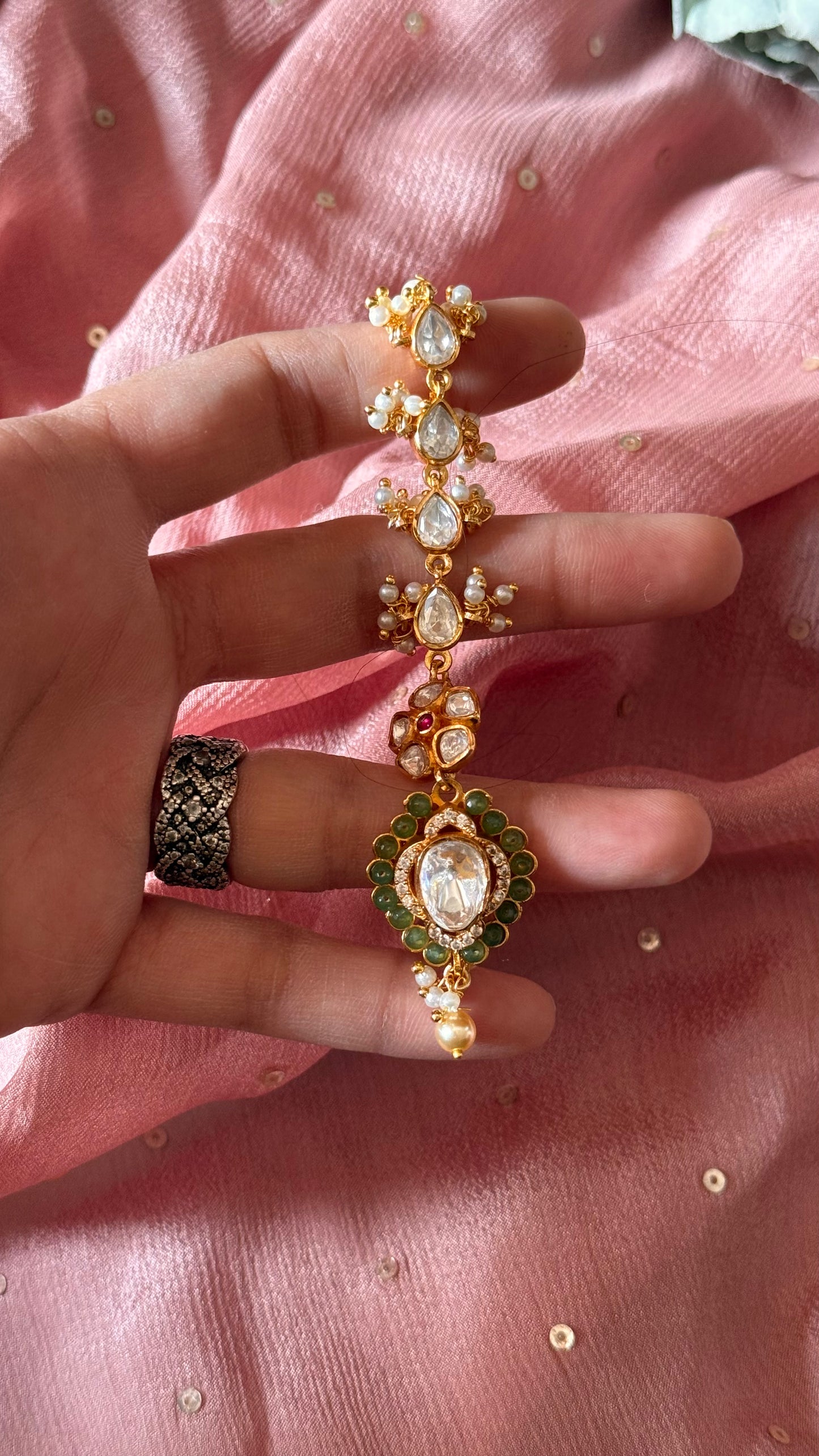 Mint real moissanite floral ruby maangtika