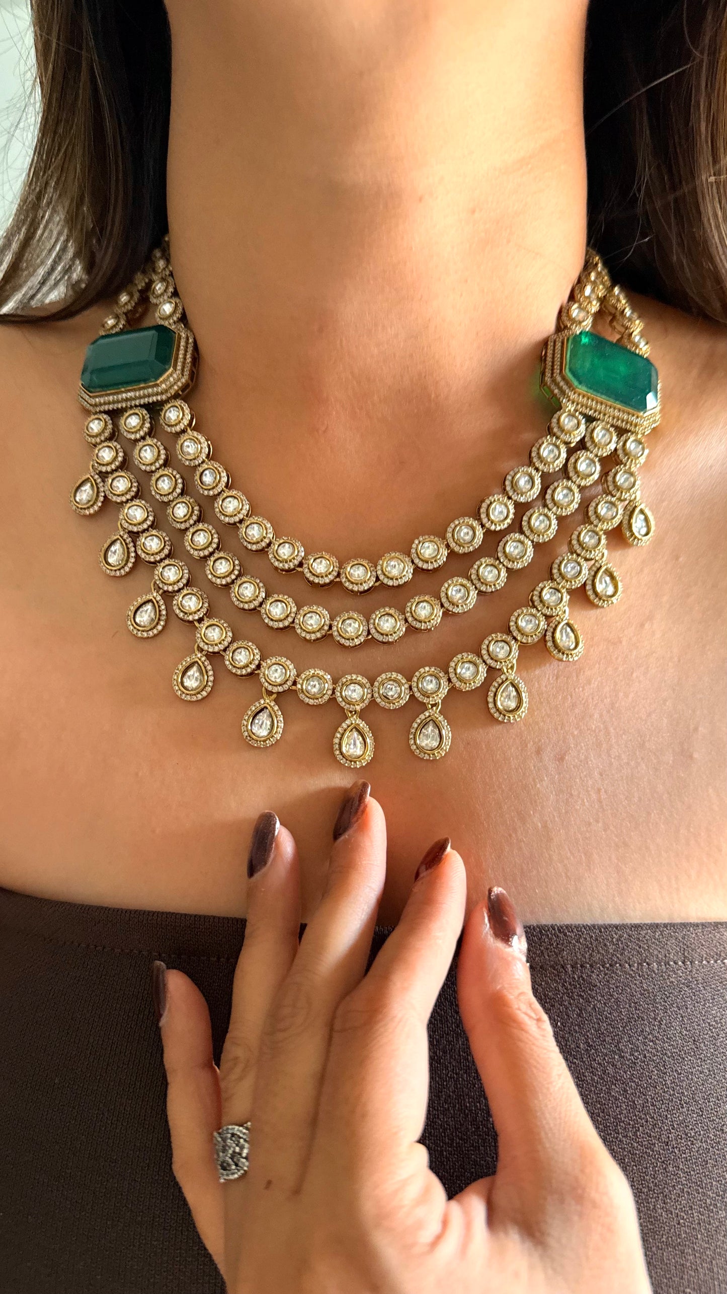Chitra Emerald doublet moissanite triple layer necklace