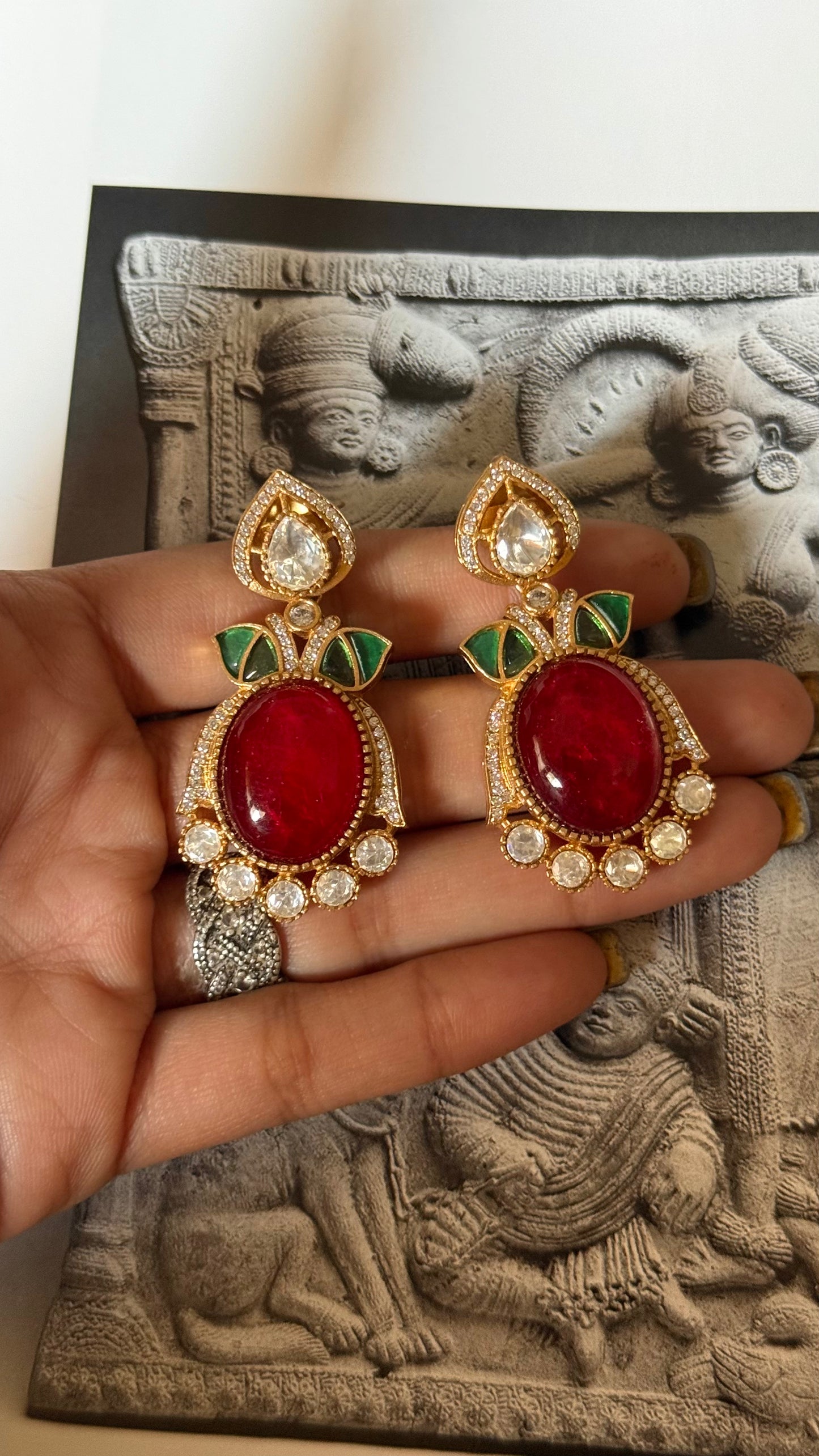 Ruby doublet & emerald leaf design earrings
