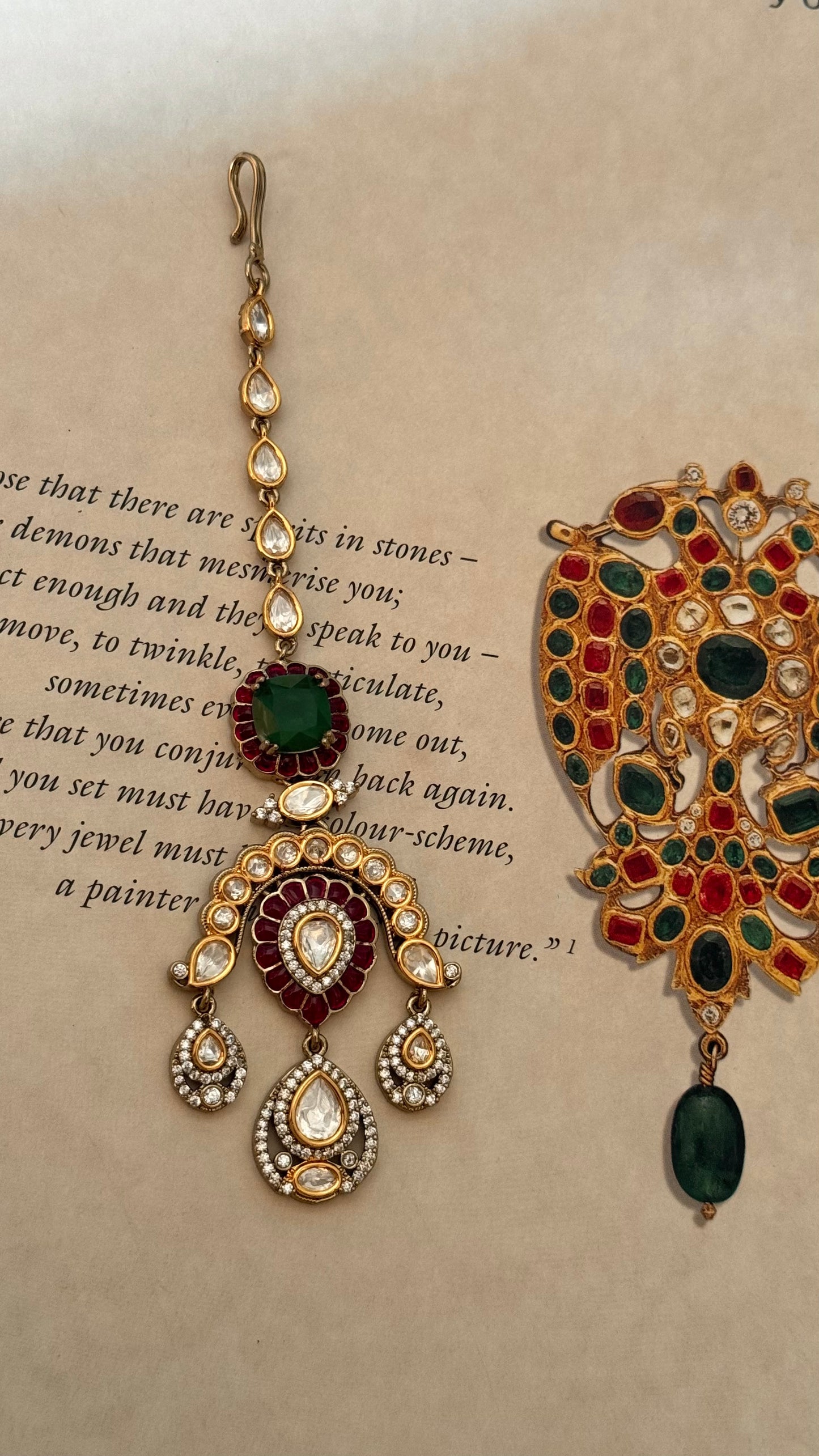 Emerald doublet & ruby floral moissanite maangtika
