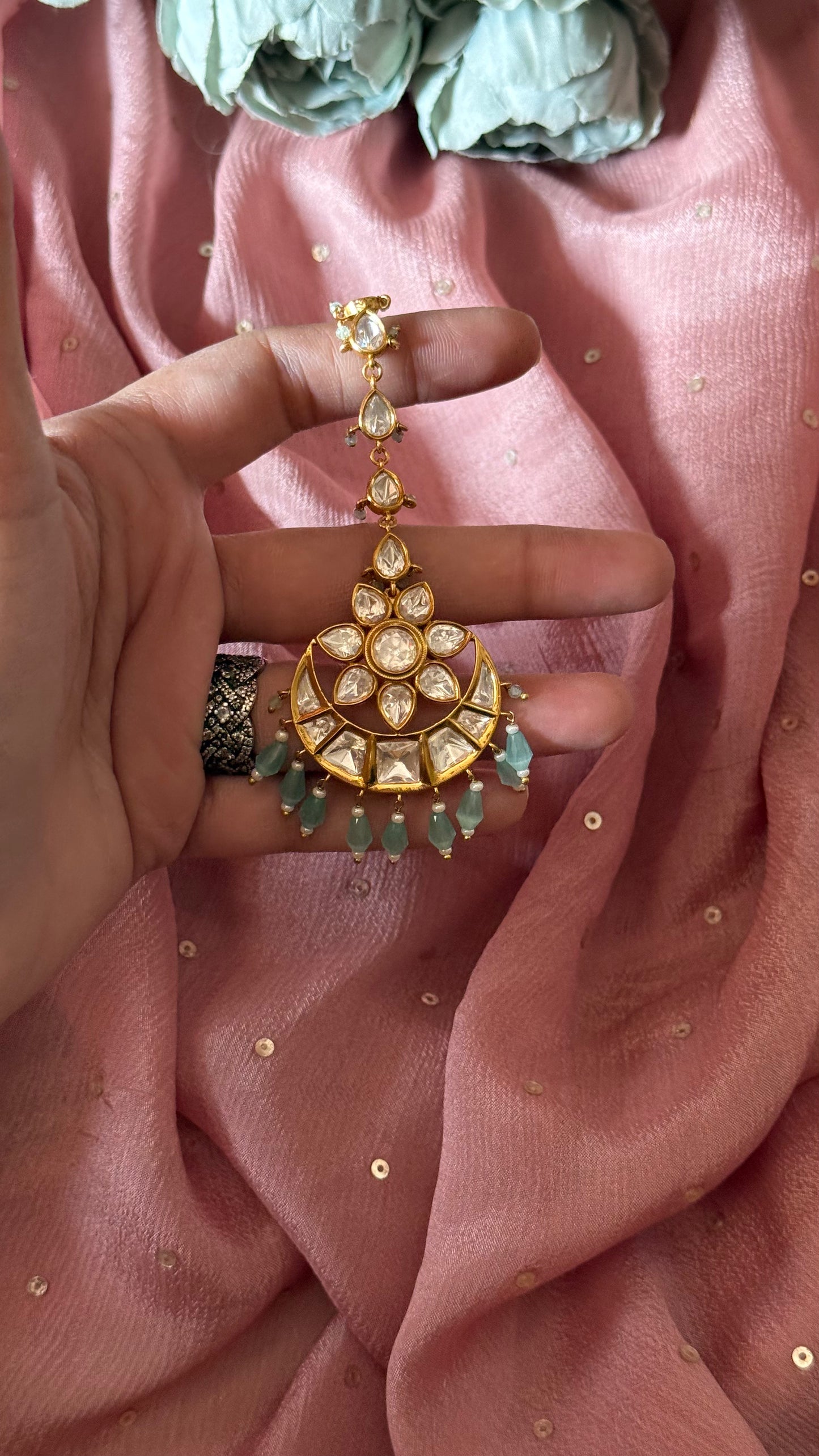Chandbali maangtika with mint drops