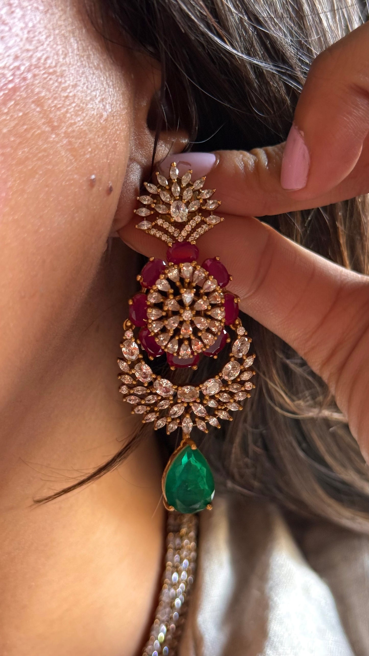 Emerald & Rani pink doublets with cz diamond Necklace