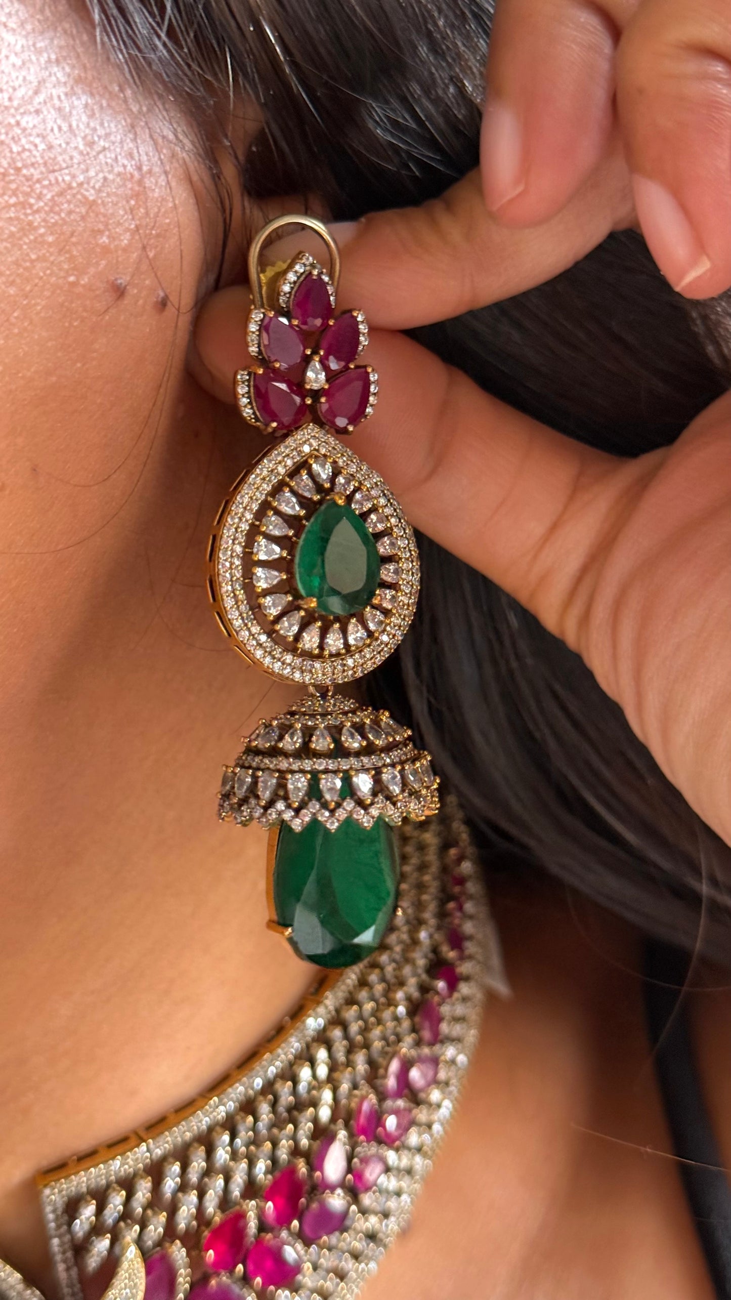 Emerald & Rani pink with cz diamond cocktail Necklace