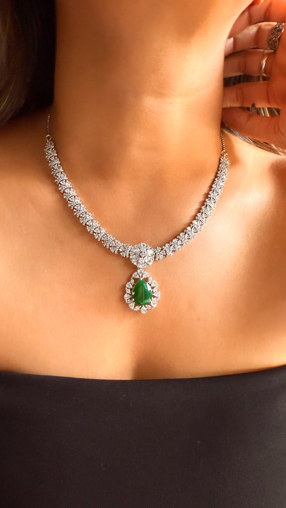 Emerald drop cz diamond necklace