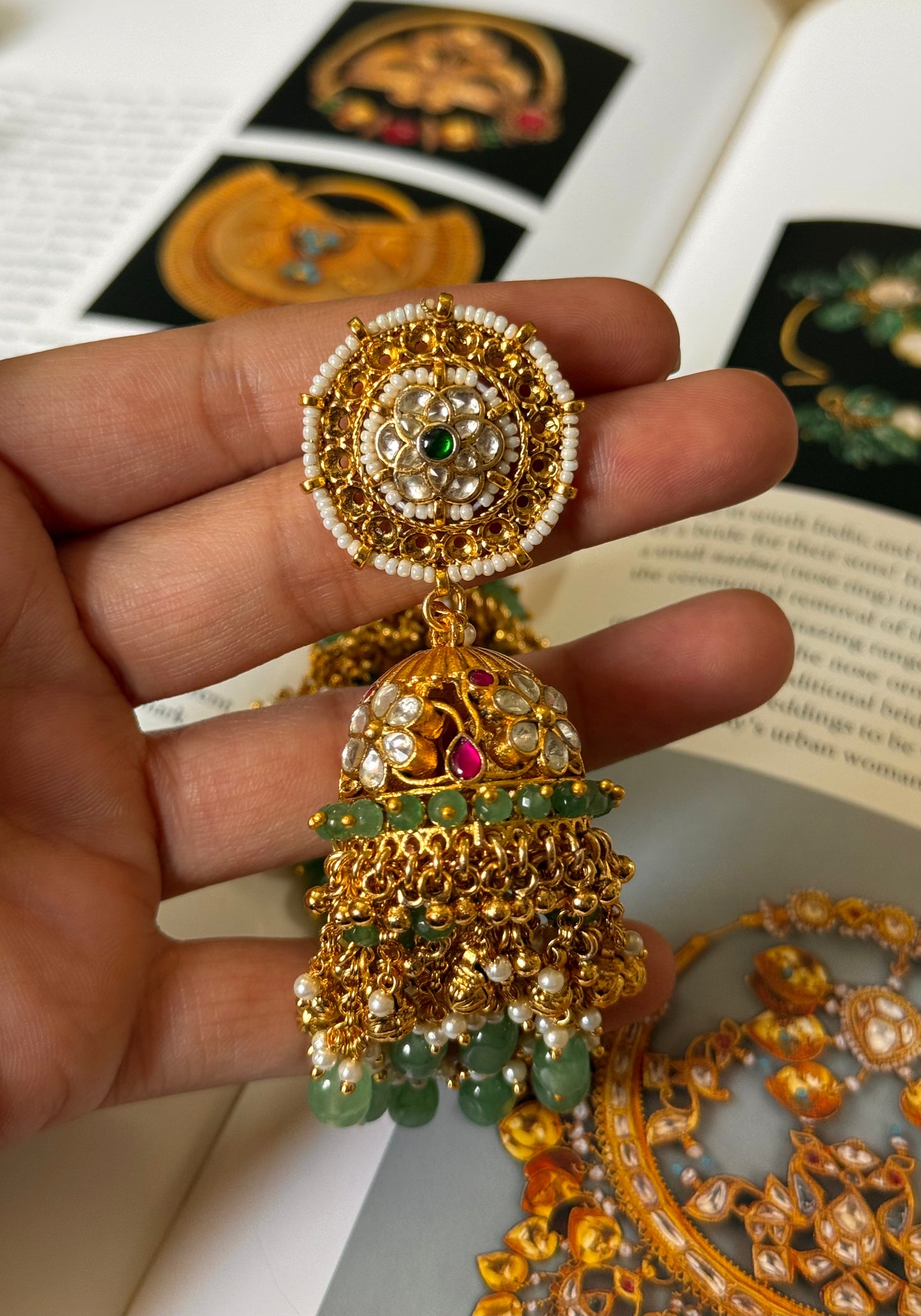 Rani pink paachi kundan with mint & gungroo drops jhumki