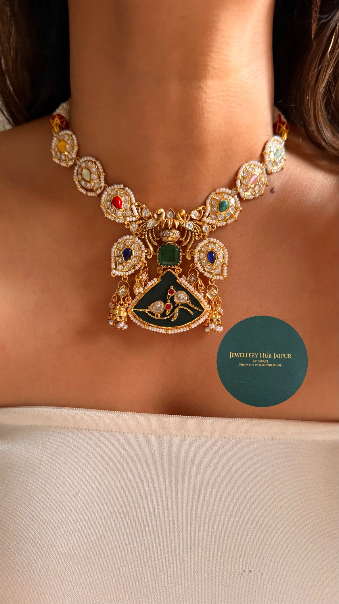Real moissanite navratna designer inlay collar necklace