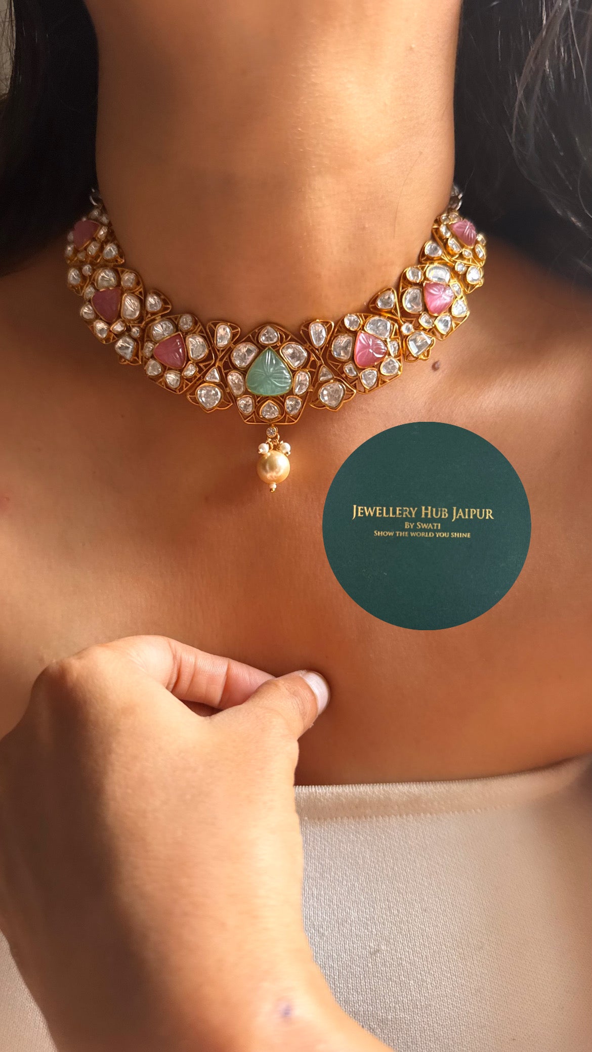 Mint & rose quartz doublet moissanite with pearl collar set
