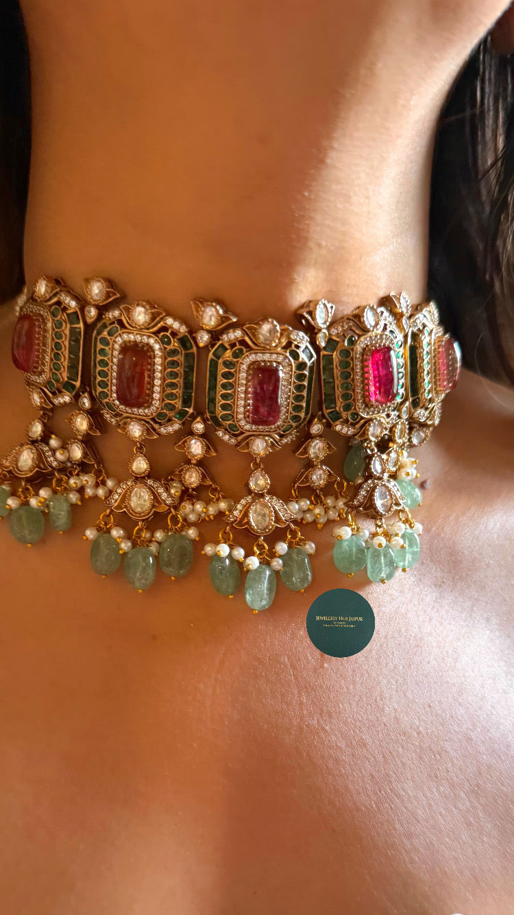 Ruby doublet & emerald polki with mint drops choker set