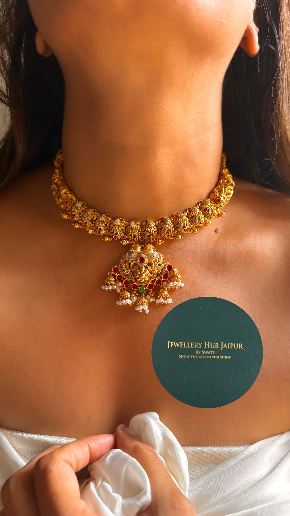 Ruby & emerald with minimal jhumka with pearl drop temple set