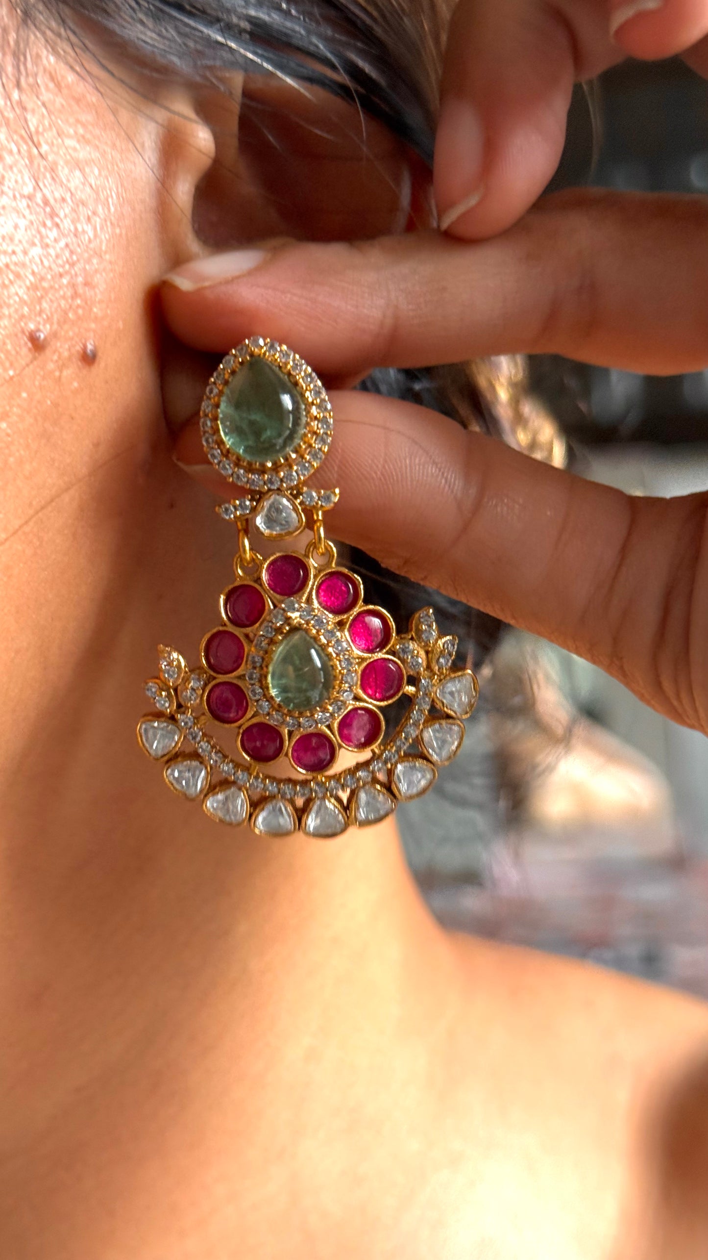 Triple layer mint and Rani pink Amrapali necklace