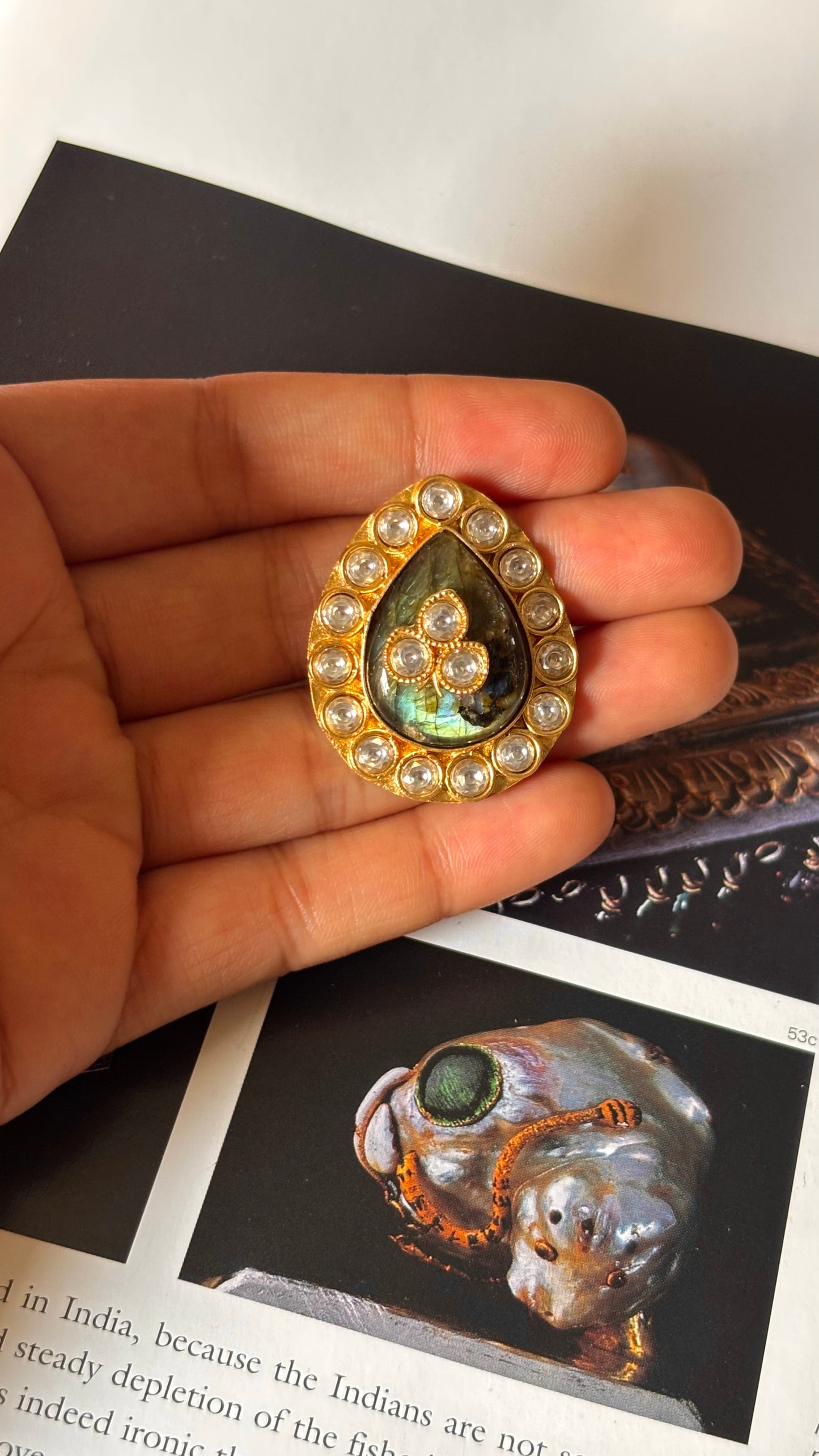 Drop shape real stone carved ring
