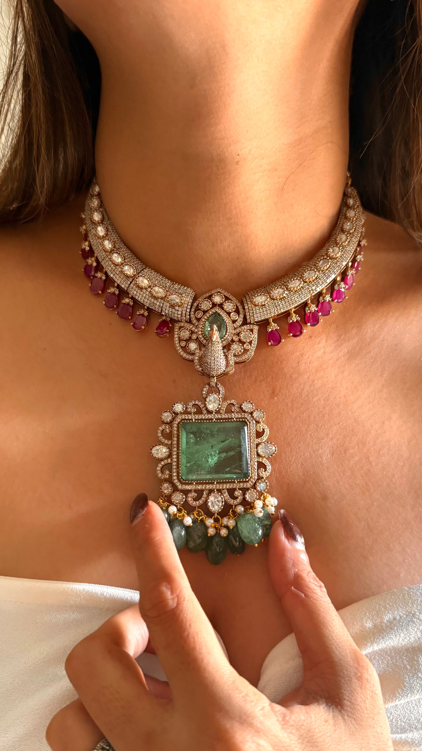 Mint doublet moissanite peacock with rani pink drops set