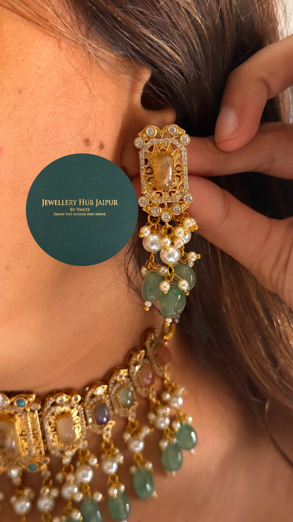 Navratna doublet with mint & pearl drops choker set