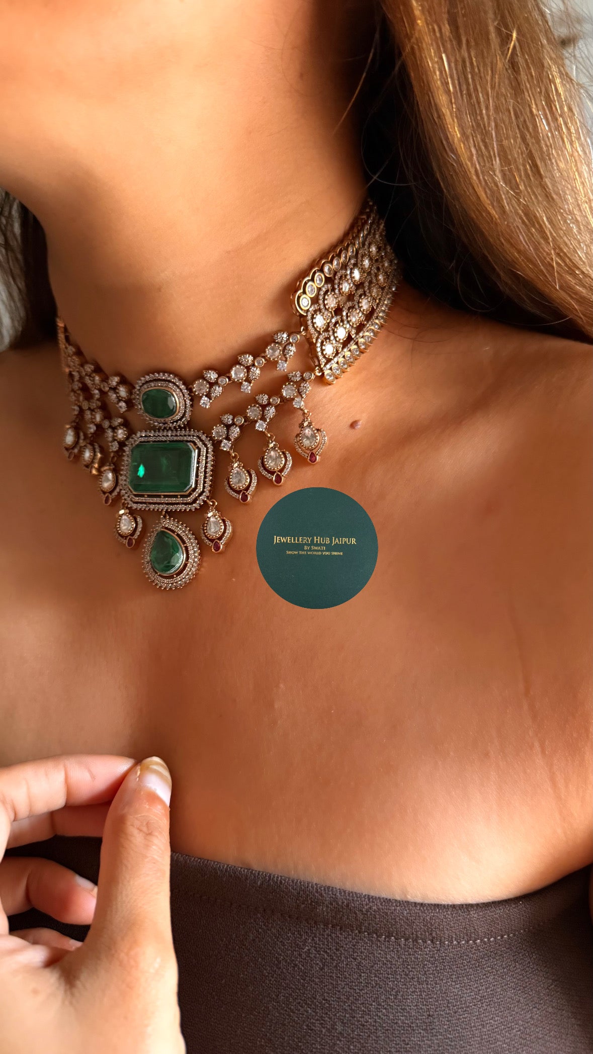 Emerald doublet moissanite uncut polki choker set
