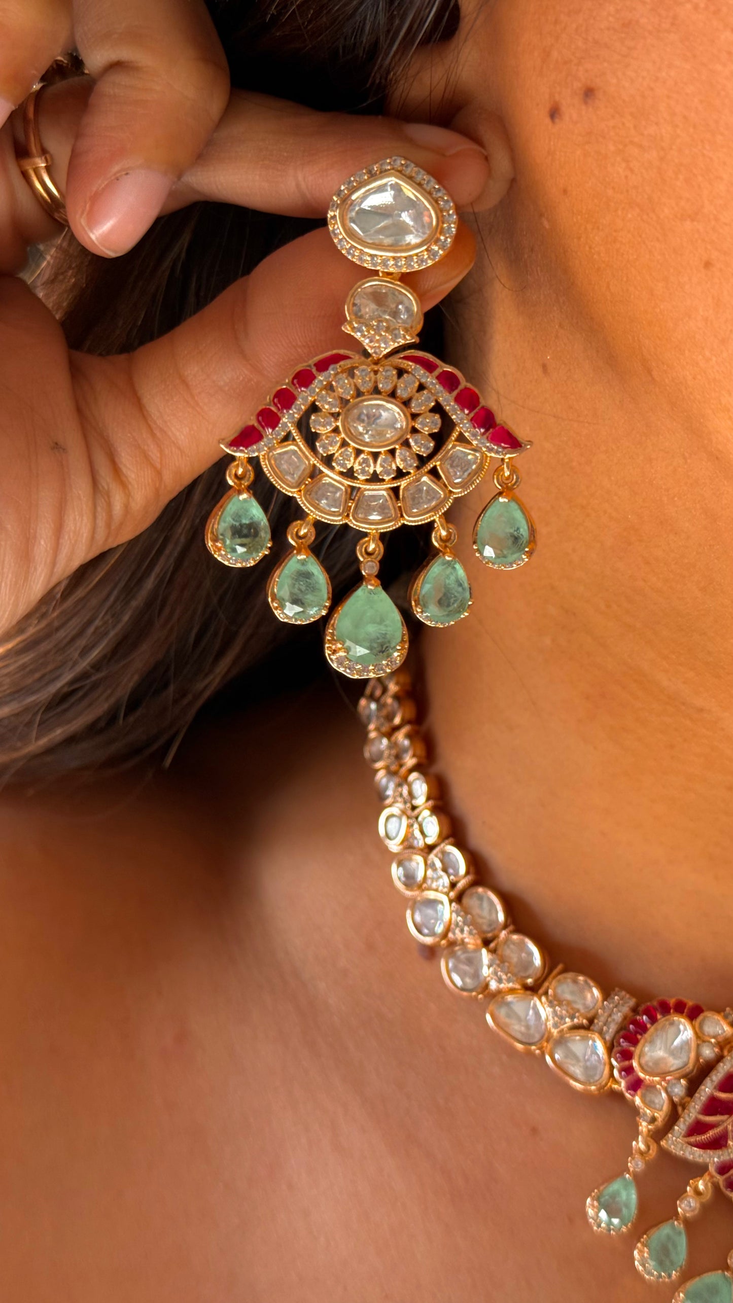 Mint & ruby leaf designer necklace
