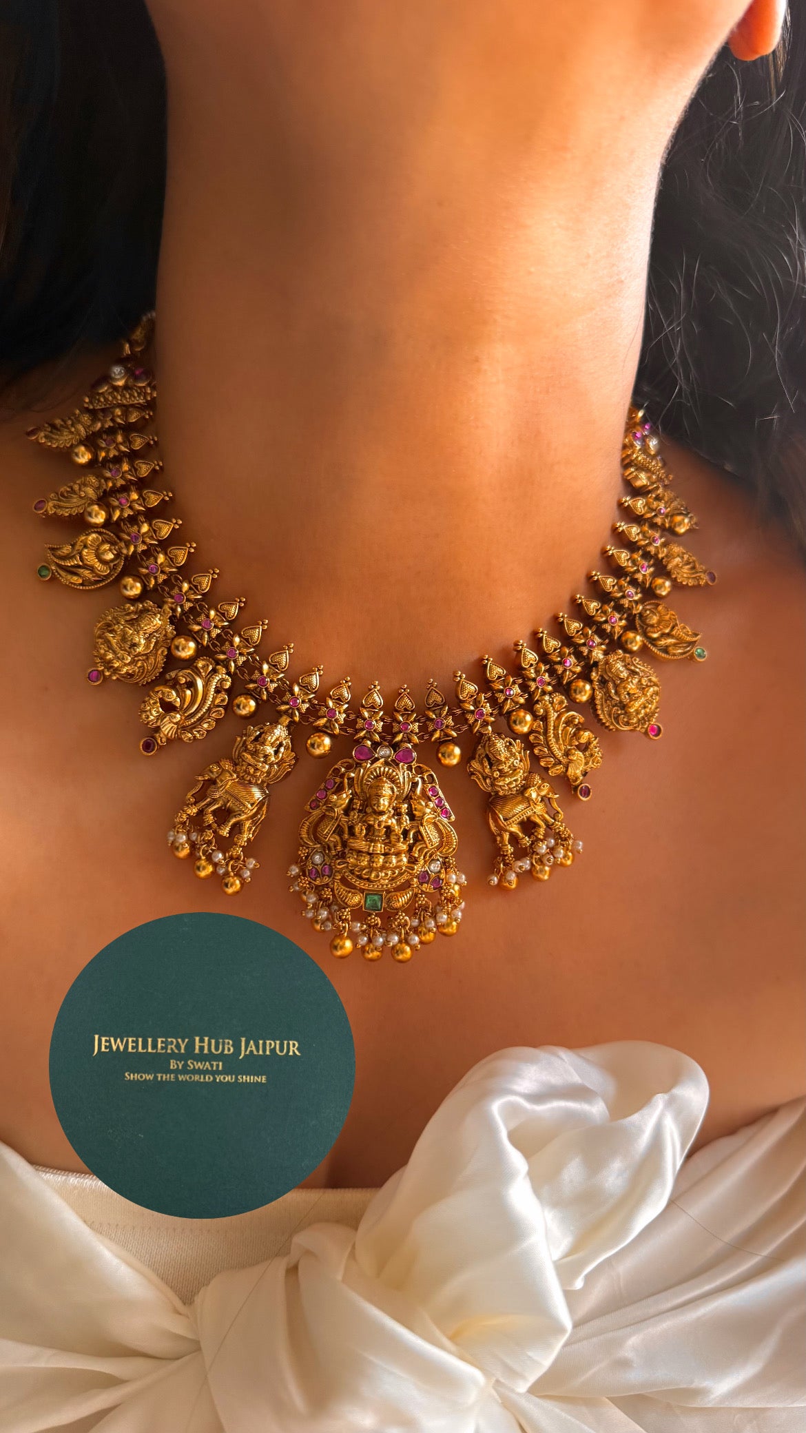 Goddess laxmi emerald & rani pink with peacock & elephant designed temple collar set