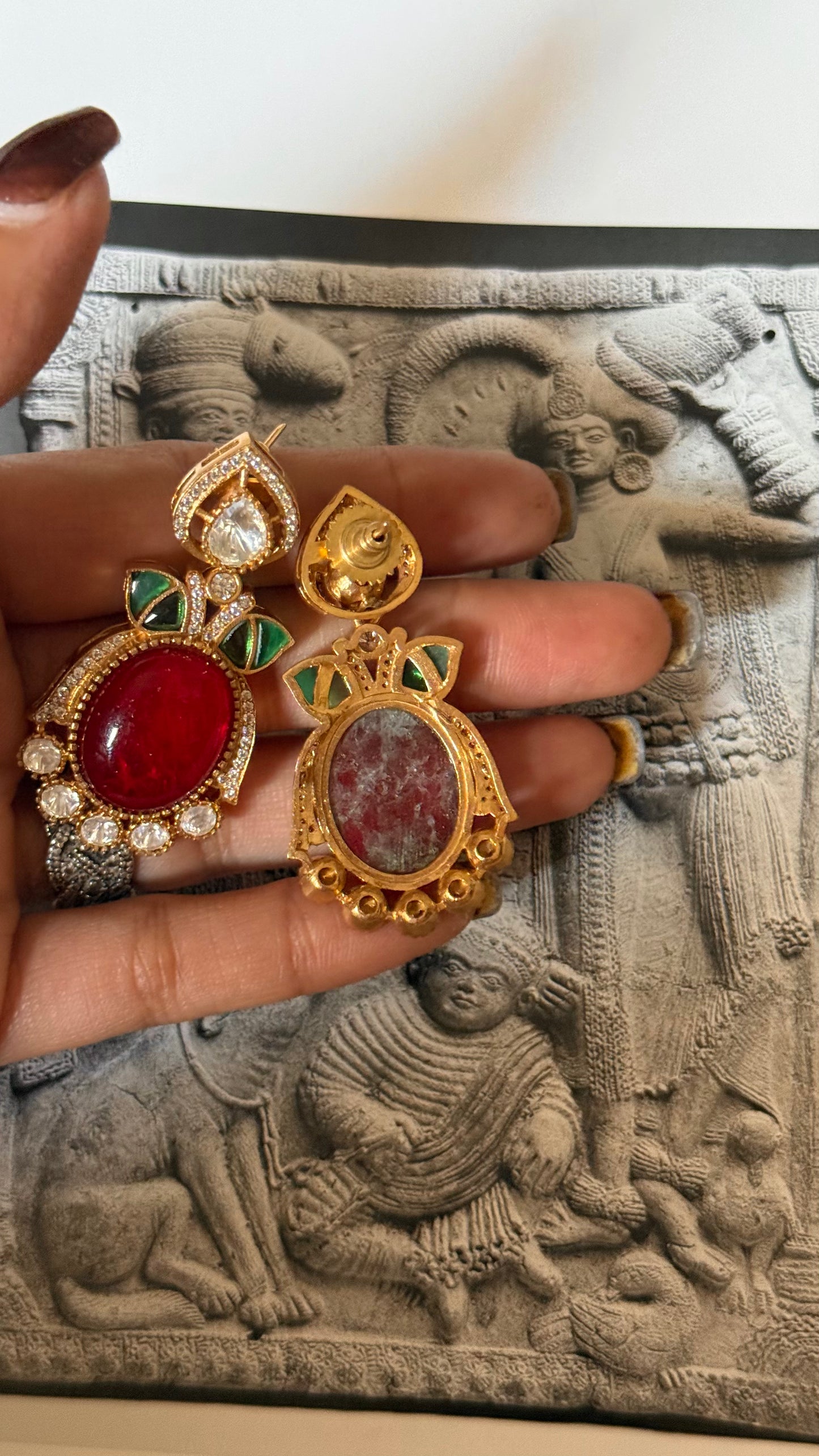 Ruby doublet & emerald leaf design earrings