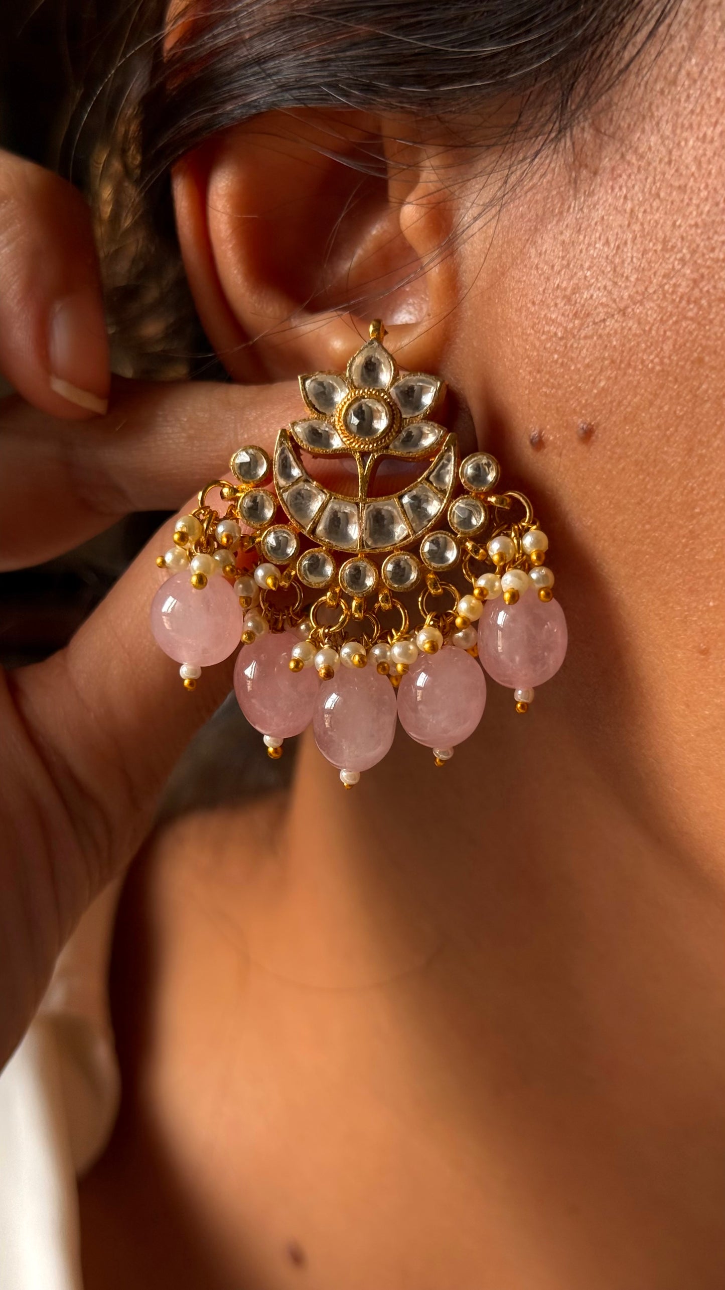 10 layered paachi Kundan rose quartz strawberry Necklace