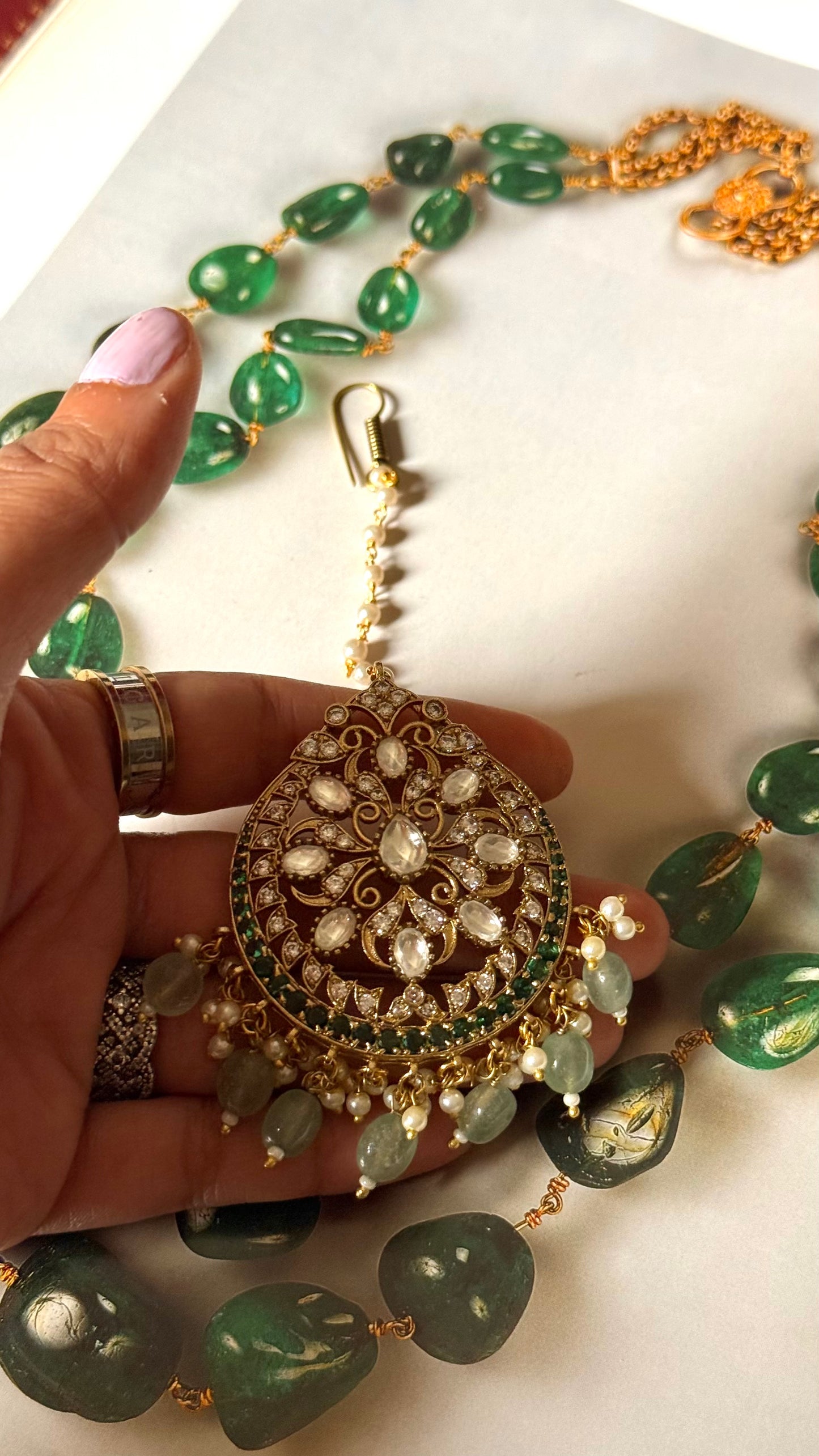 Emerald kundan with mint strawberry maangtikka