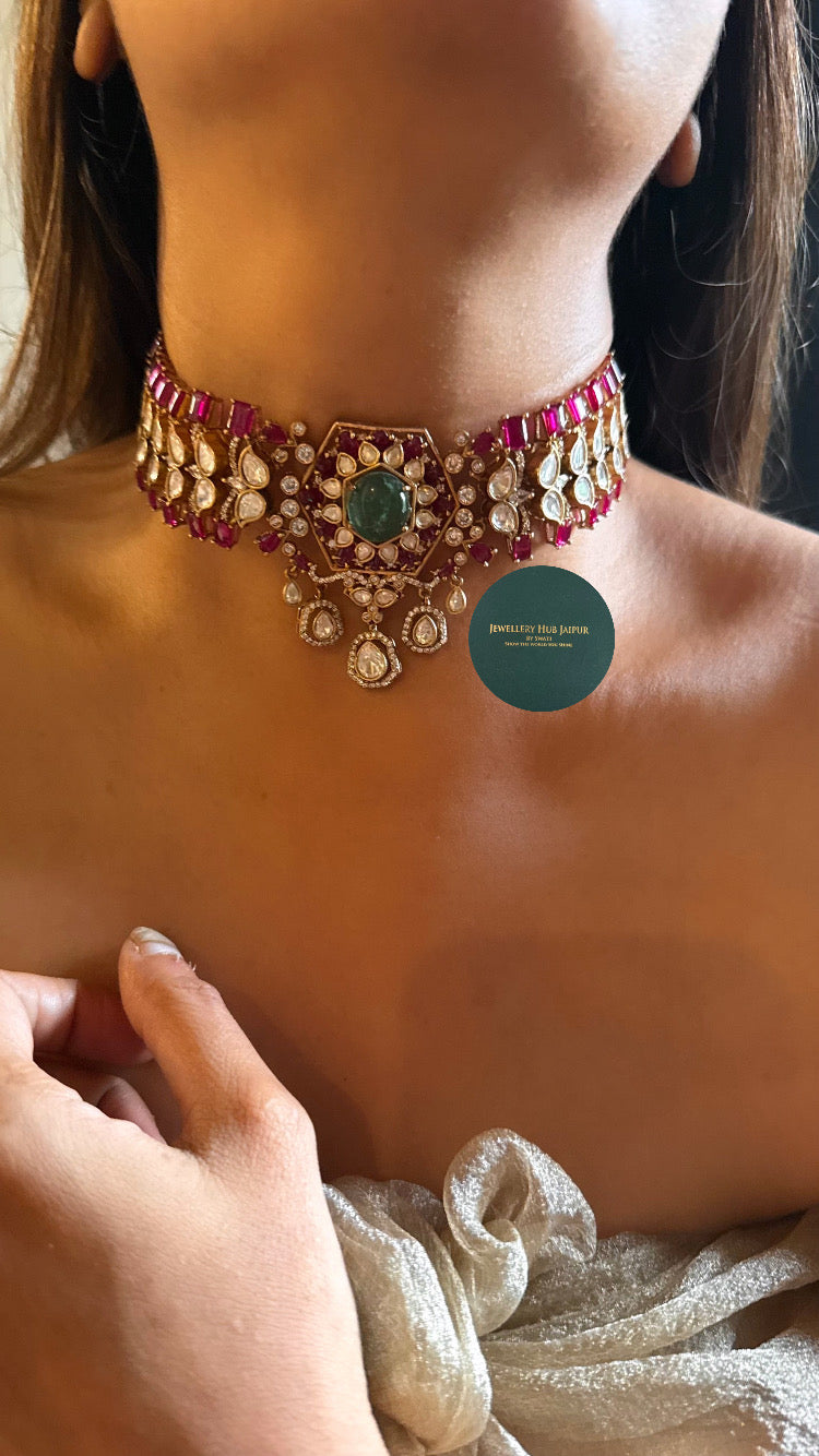 Mint doublet & Rani pink moissanite choker set