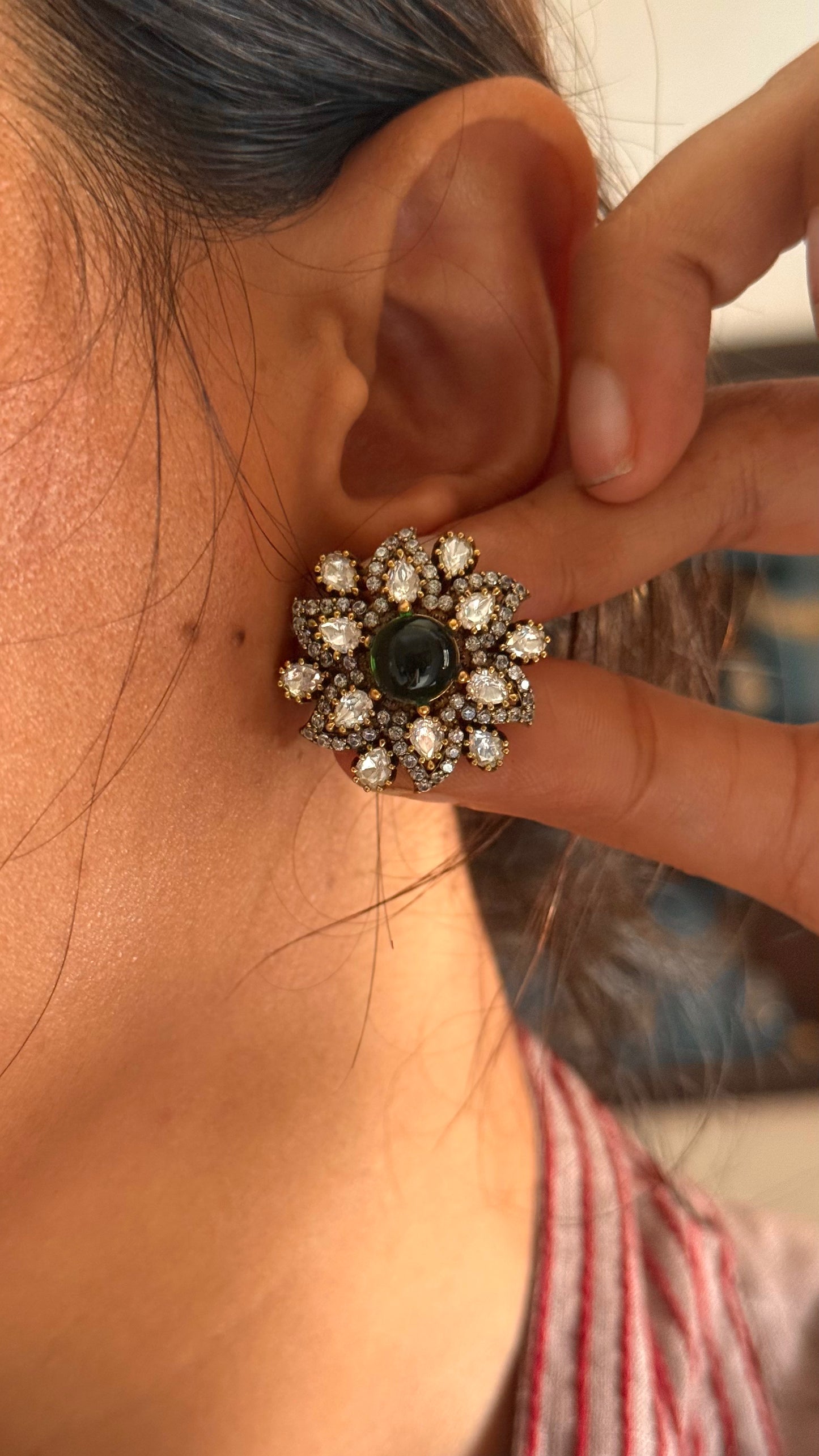 Emerald doublet moissanite victorian floral studs