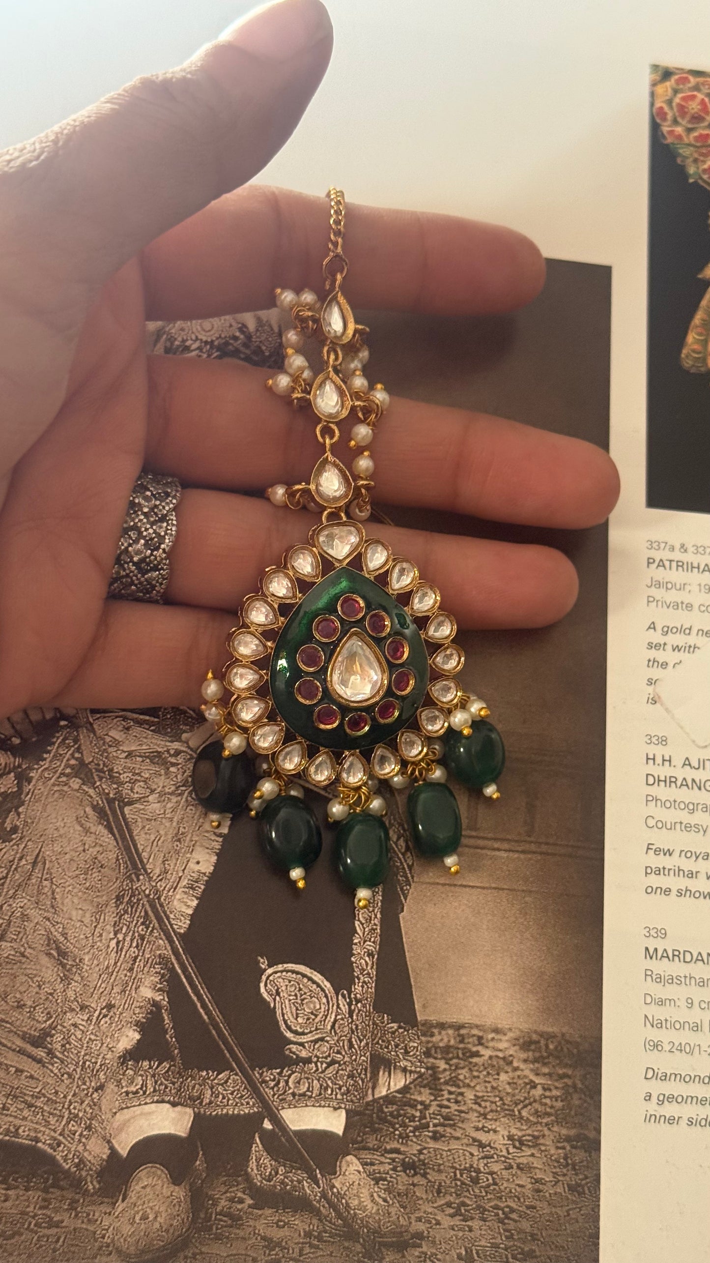 Emerald & ruby meenakari with emerald drop maangtika