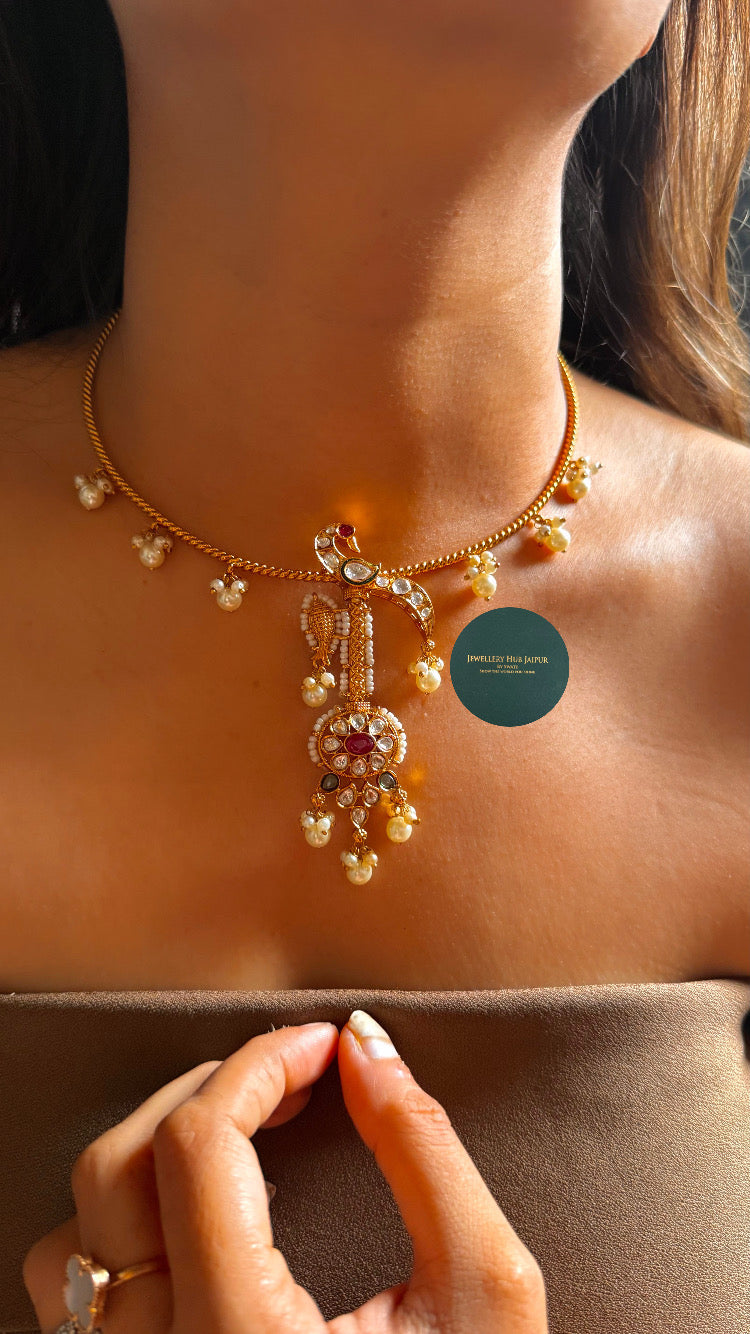Ruby moissanite floral peacock design hasli with pearl drops
